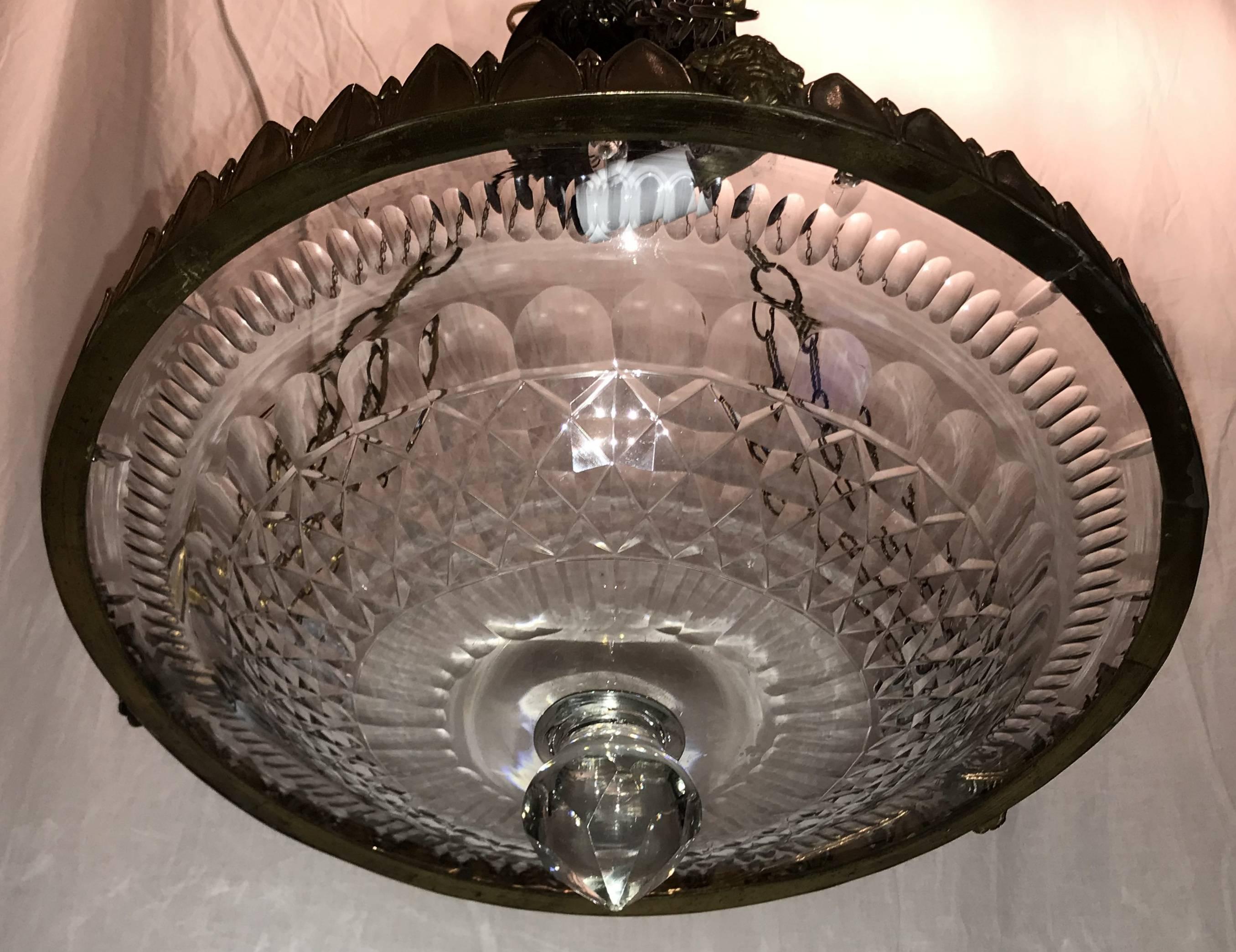 Wonderful French Empire Neoclassical Cut Crystal Bronze Flush Mount Chandelier In Good Condition In Roslyn, NY