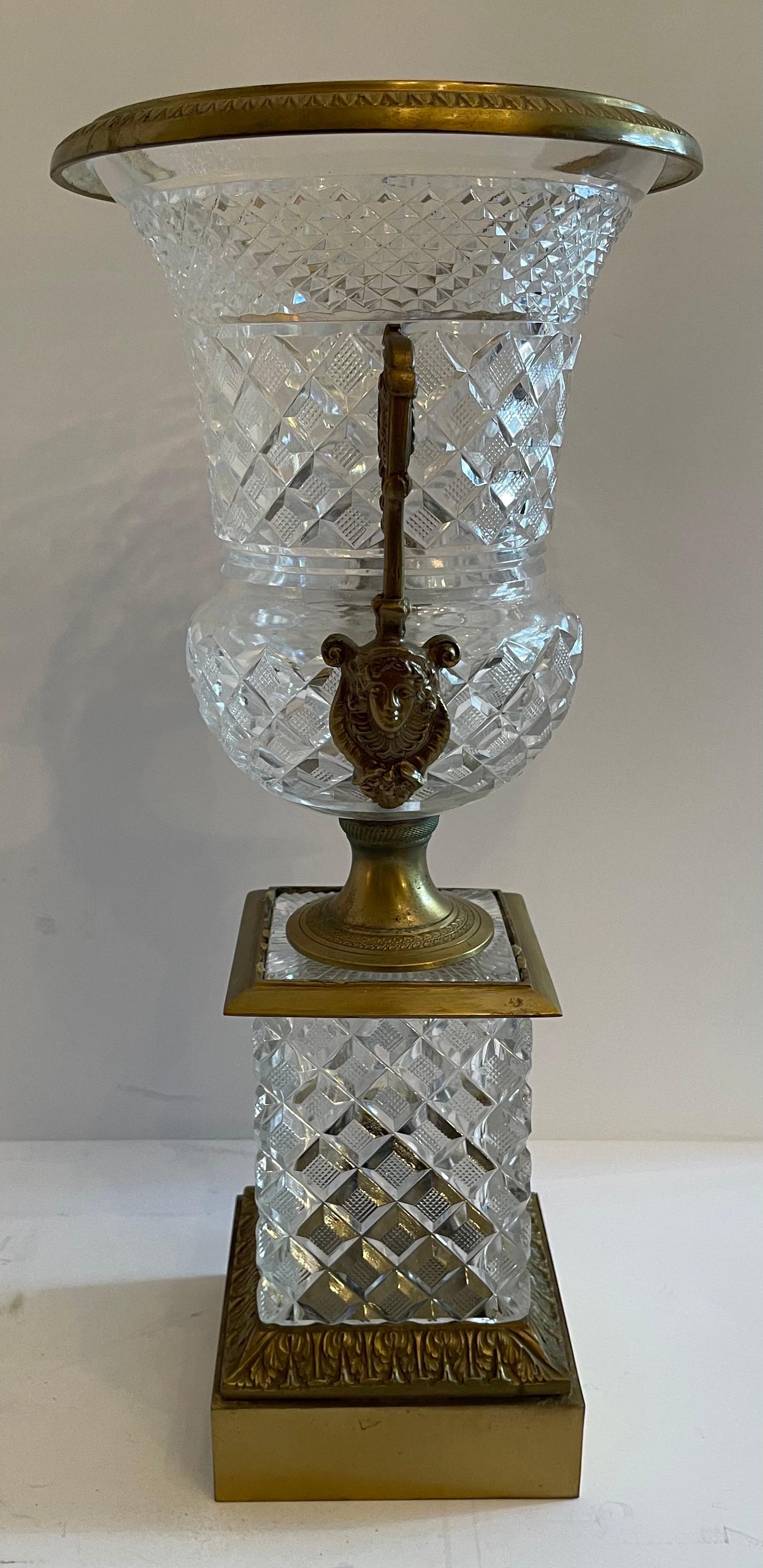 20th Century Wonderful French Empire Neoclassical Cut Crystal Bronze Ormolu Urn Centerpiece For Sale