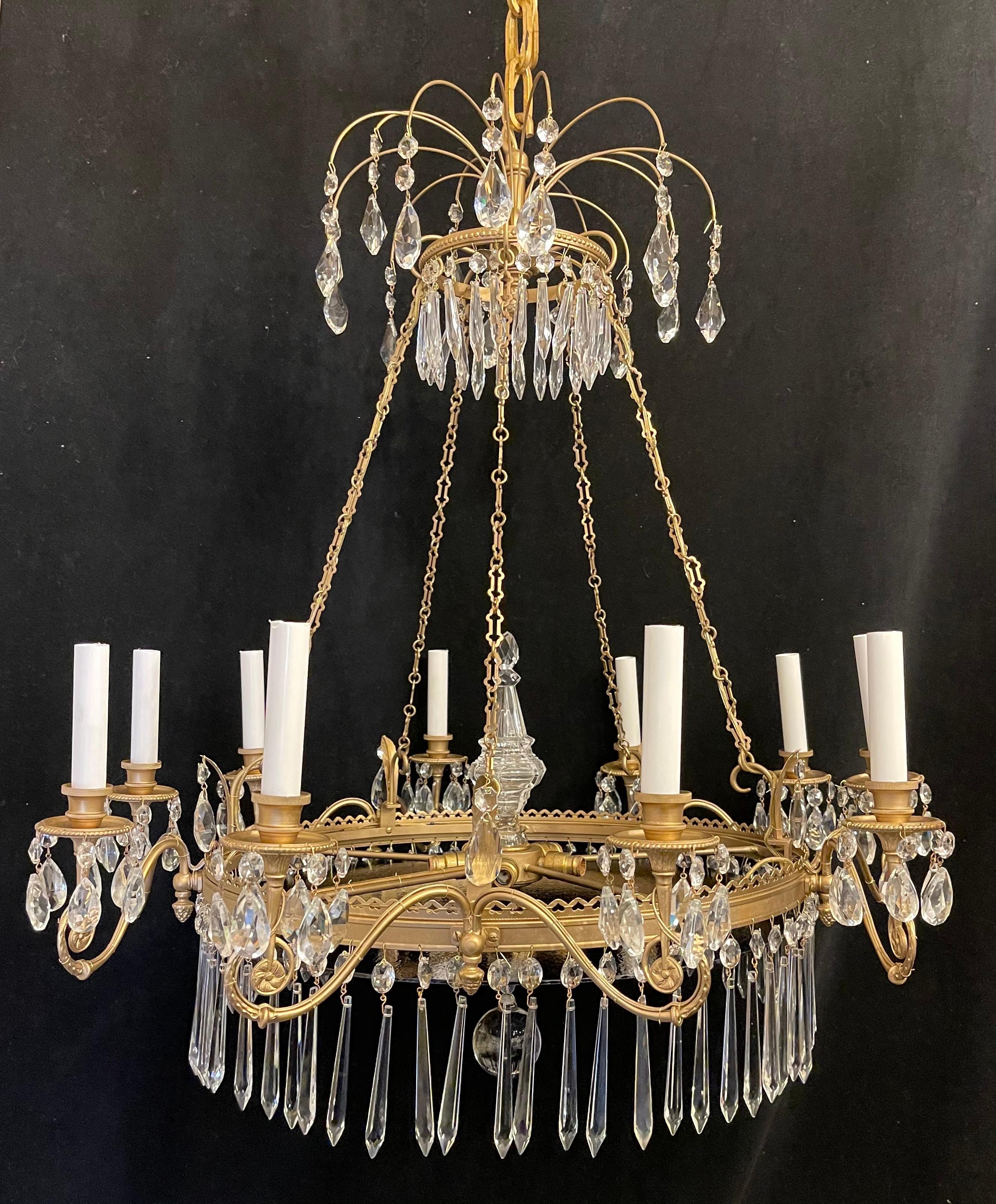 A wonderful French empire / neoclassical doré bronze and purple glass center with crystal drops chandelier having 10 exterior and 5 interior lights, completely rewired and with new sockets

Measures: 36