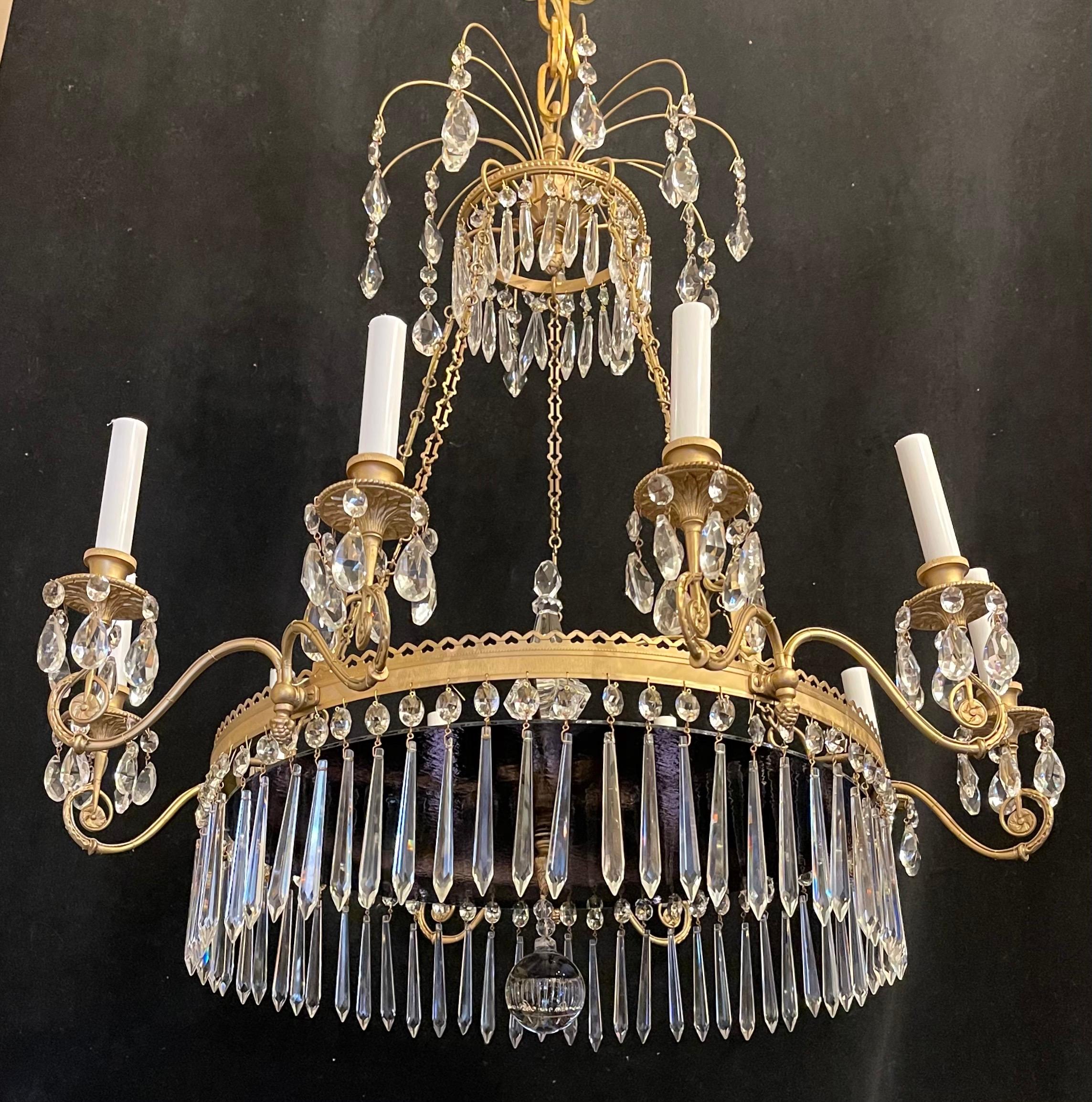 Wonderful French Empire Neoclassical Doré Bronze Purple Glass Crystal Chandelier For Sale 1