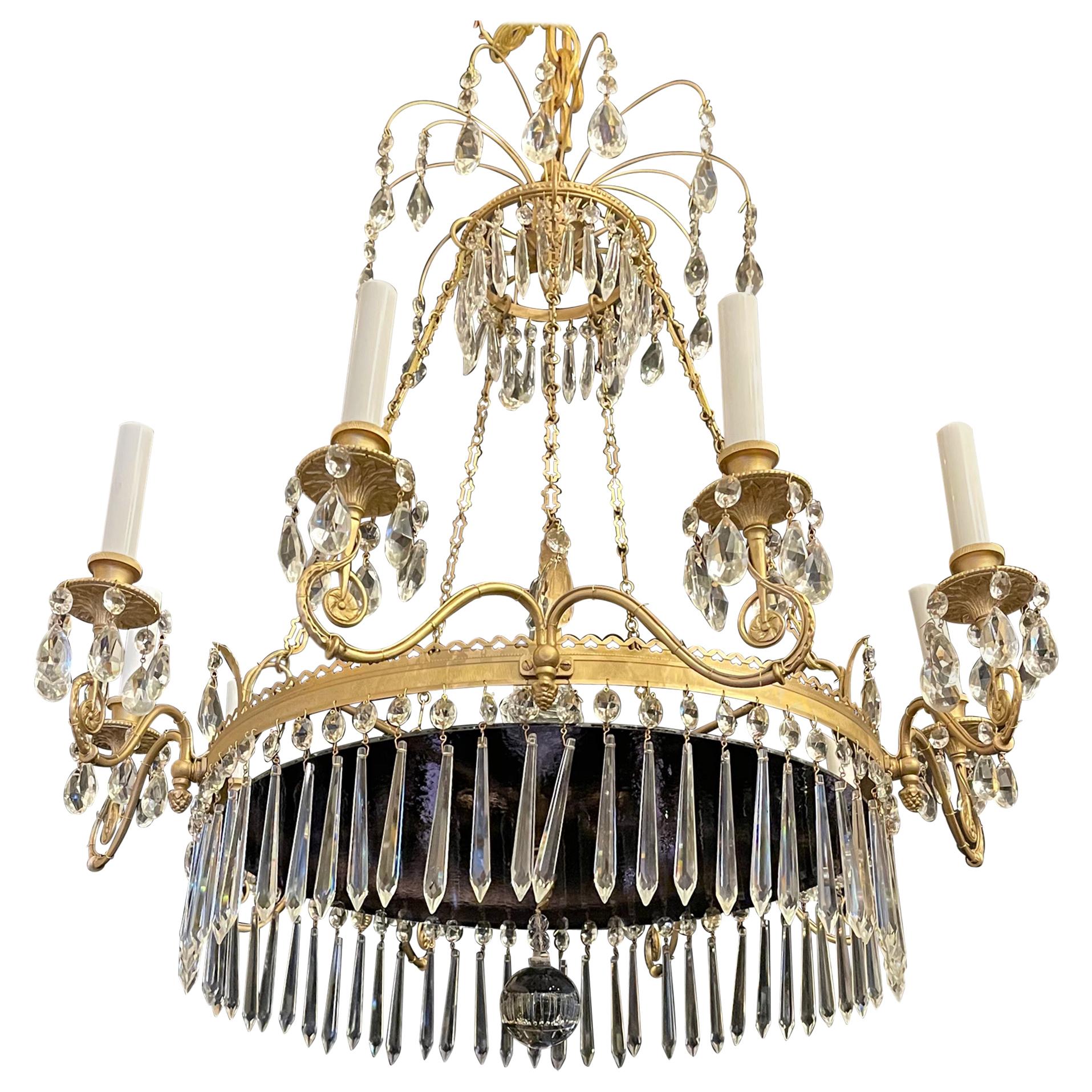 Wonderful French Empire Neoclassical Doré Bronze Purple Glass Crystal Chandelier For Sale