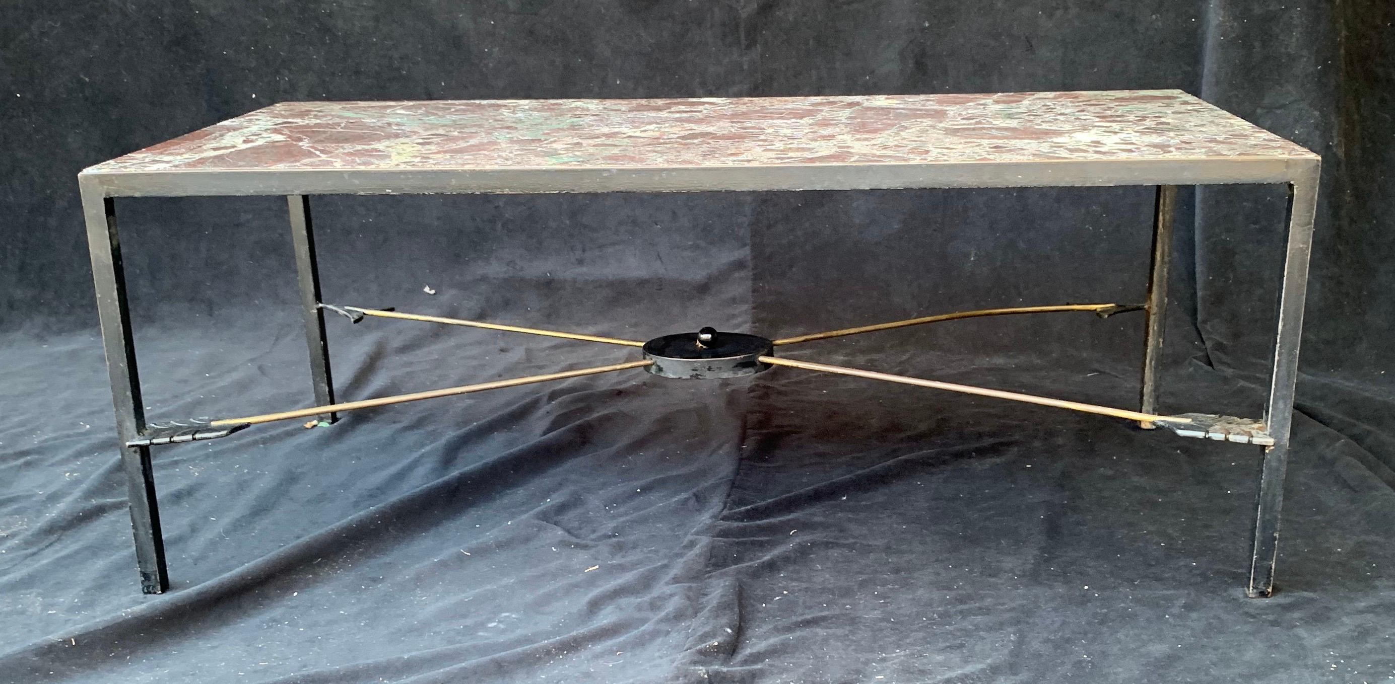 Wonderful French Empire Neoclassical Iron Bronze Arrow Marble-Top Coffee Table  In Good Condition In Roslyn, NY