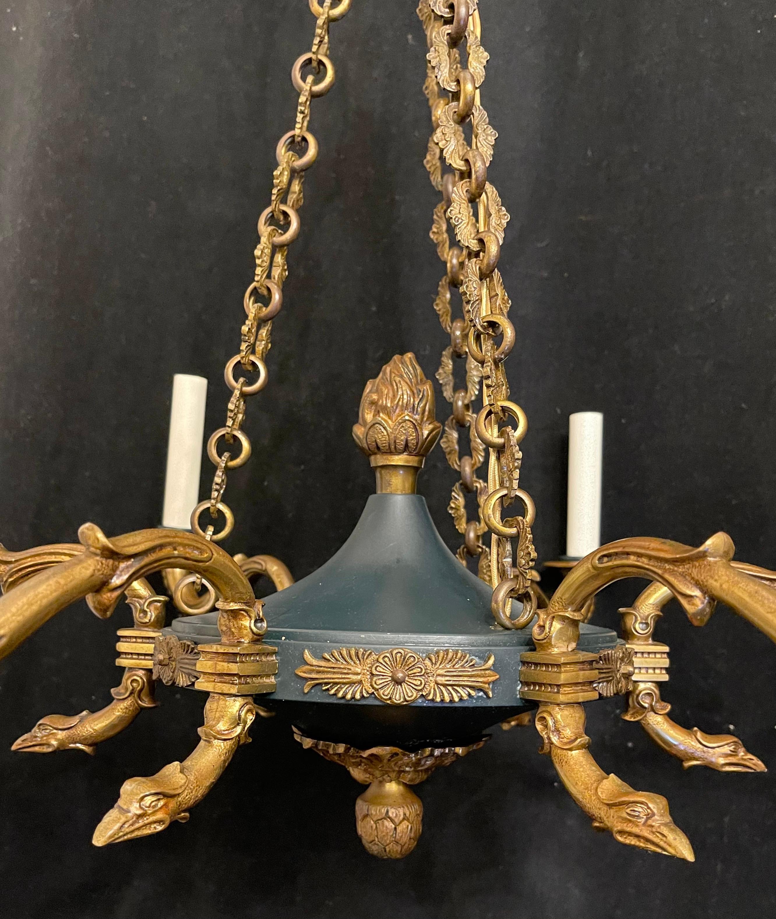 Wonderful French Empire Neoclassical Patinated Ormolu Bronze Chandelier Fixture In Good Condition In Roslyn, NY