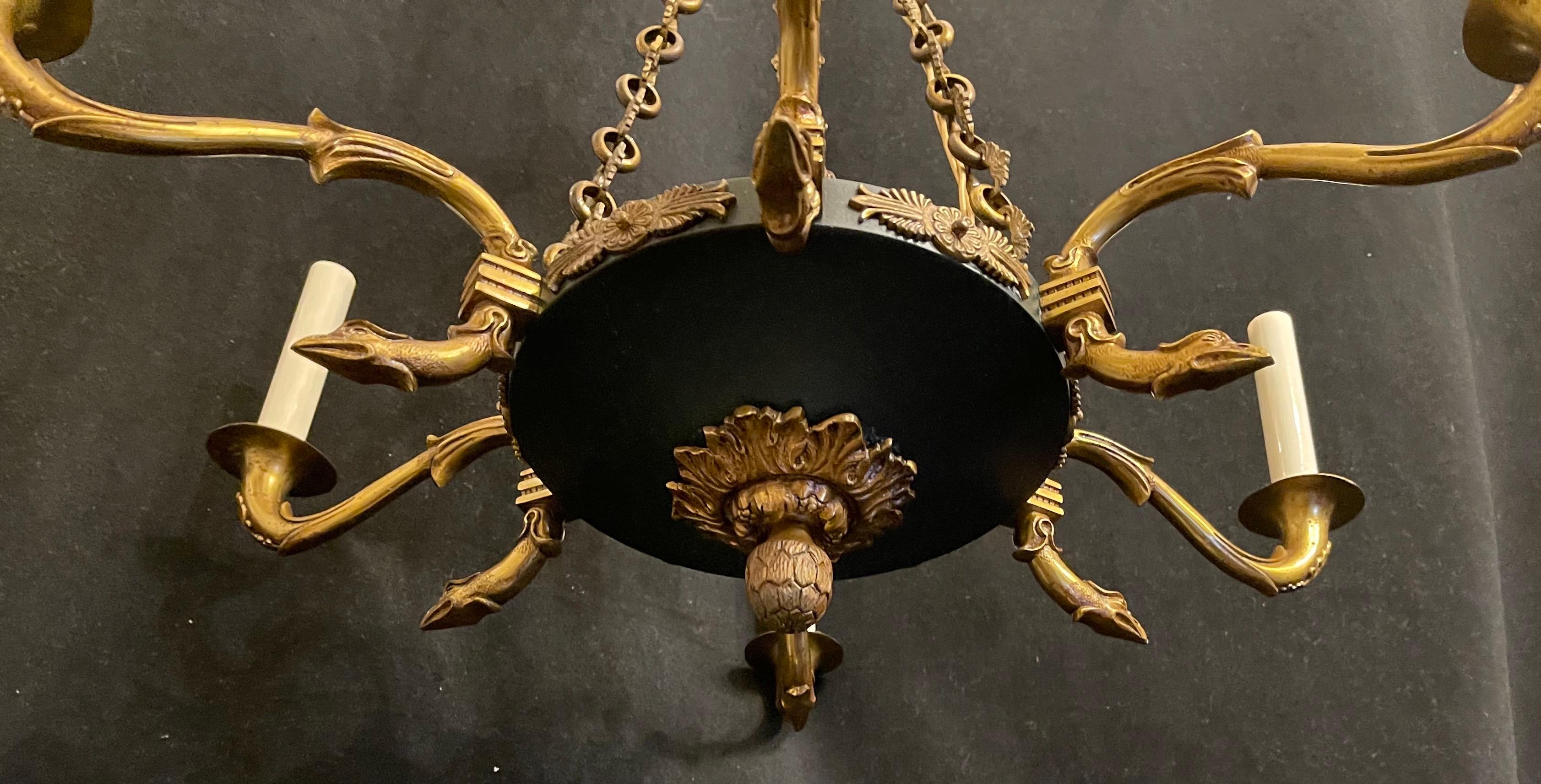 20th Century Wonderful French Empire Neoclassical Patinated Ormolu Bronze Chandelier Fixture