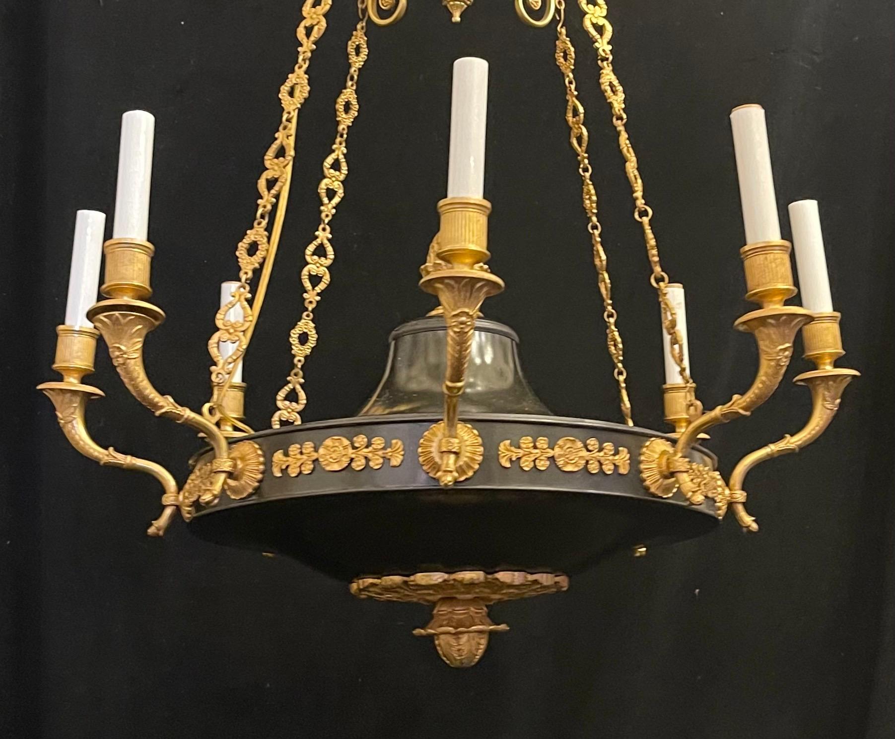 Wonderful French Empire Neoclassical Patinated Ormolu Bronze Chandelier Fixture In Good Condition For Sale In Roslyn, NY