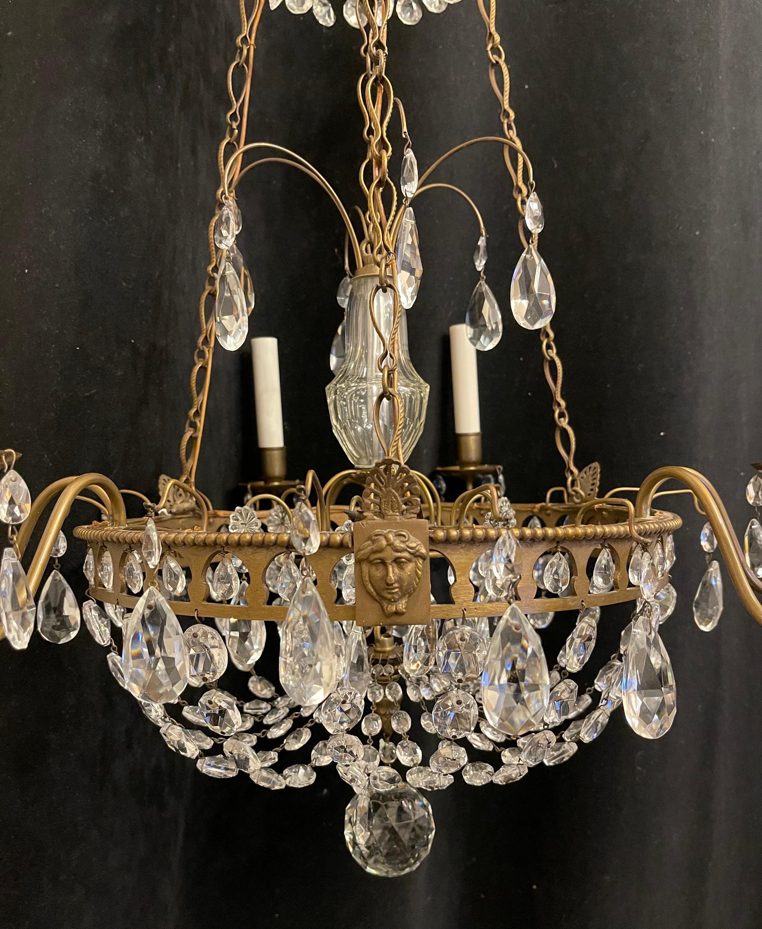 Wonderful French Empire Neoclassical Regency Bronze Crystal Basket Chandelier In Good Condition For Sale In Roslyn, NY