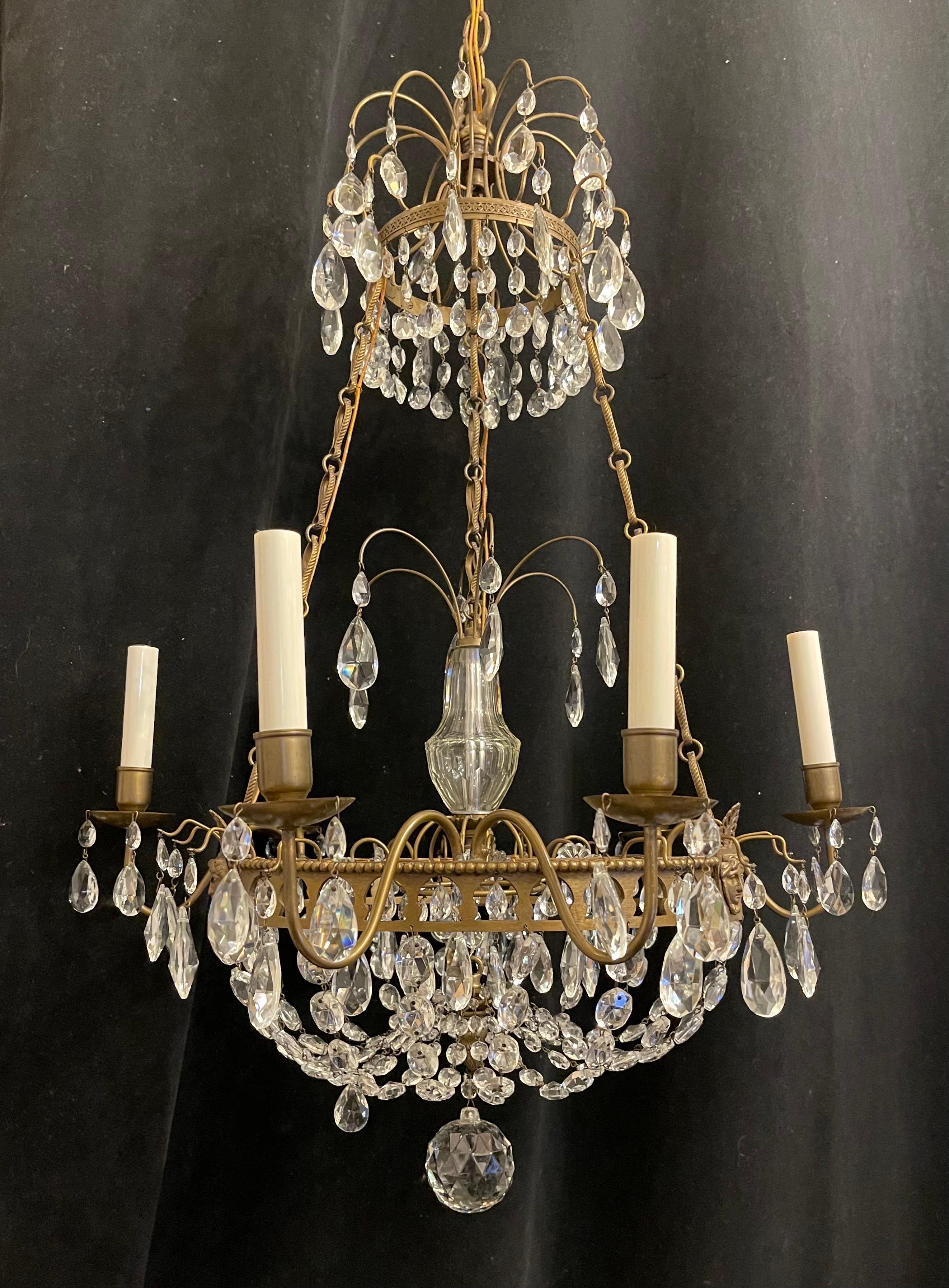 Francese Meraviglioso lampadario a cesto di cristallo francese Impero Neoclassico Regency in bronzo in vendita