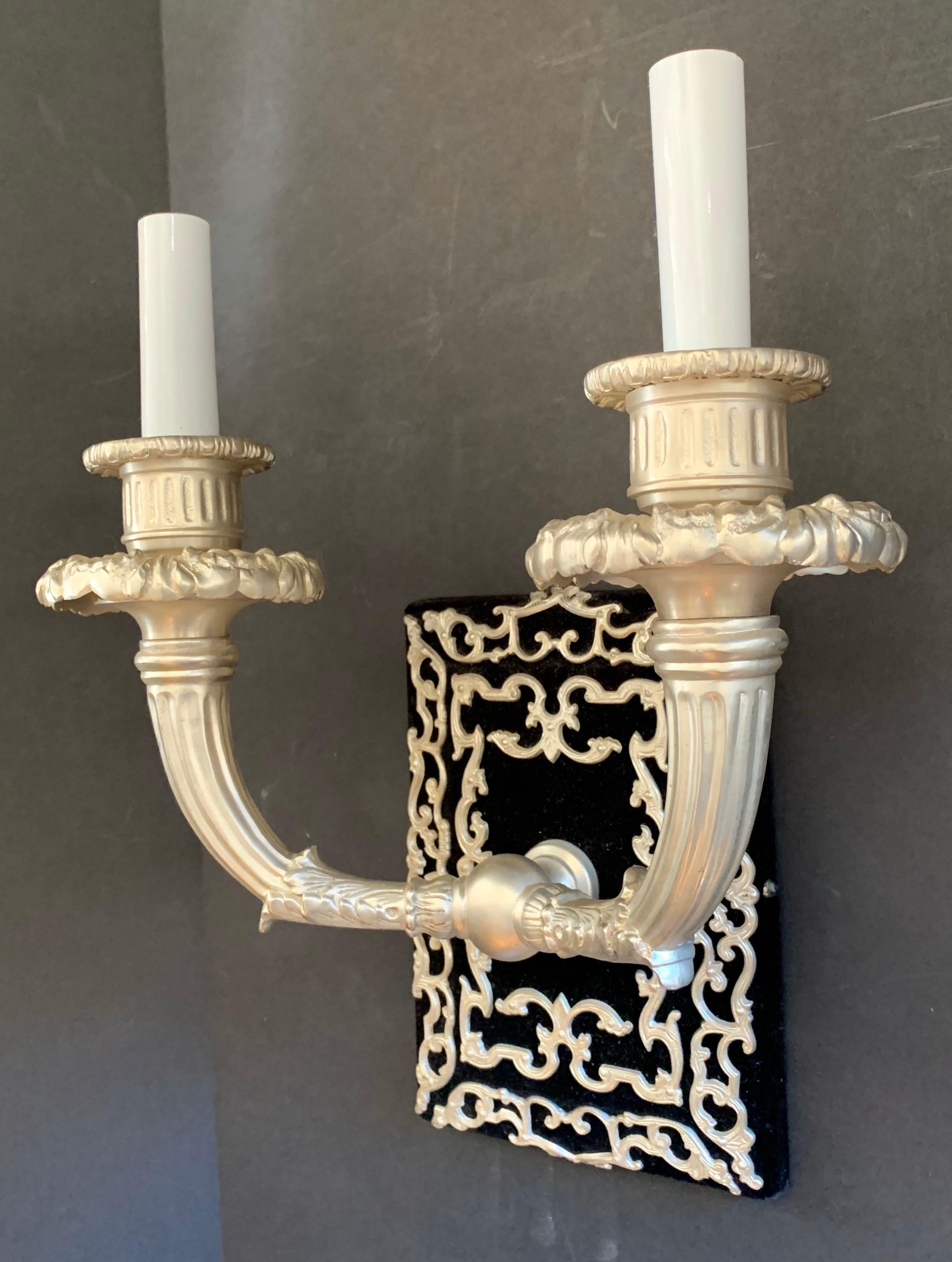 Wonderful French Empire Neoclassical Silvered Bronze Ormolu Caldwell 3 Sconces In Good Condition For Sale In Roslyn, NY