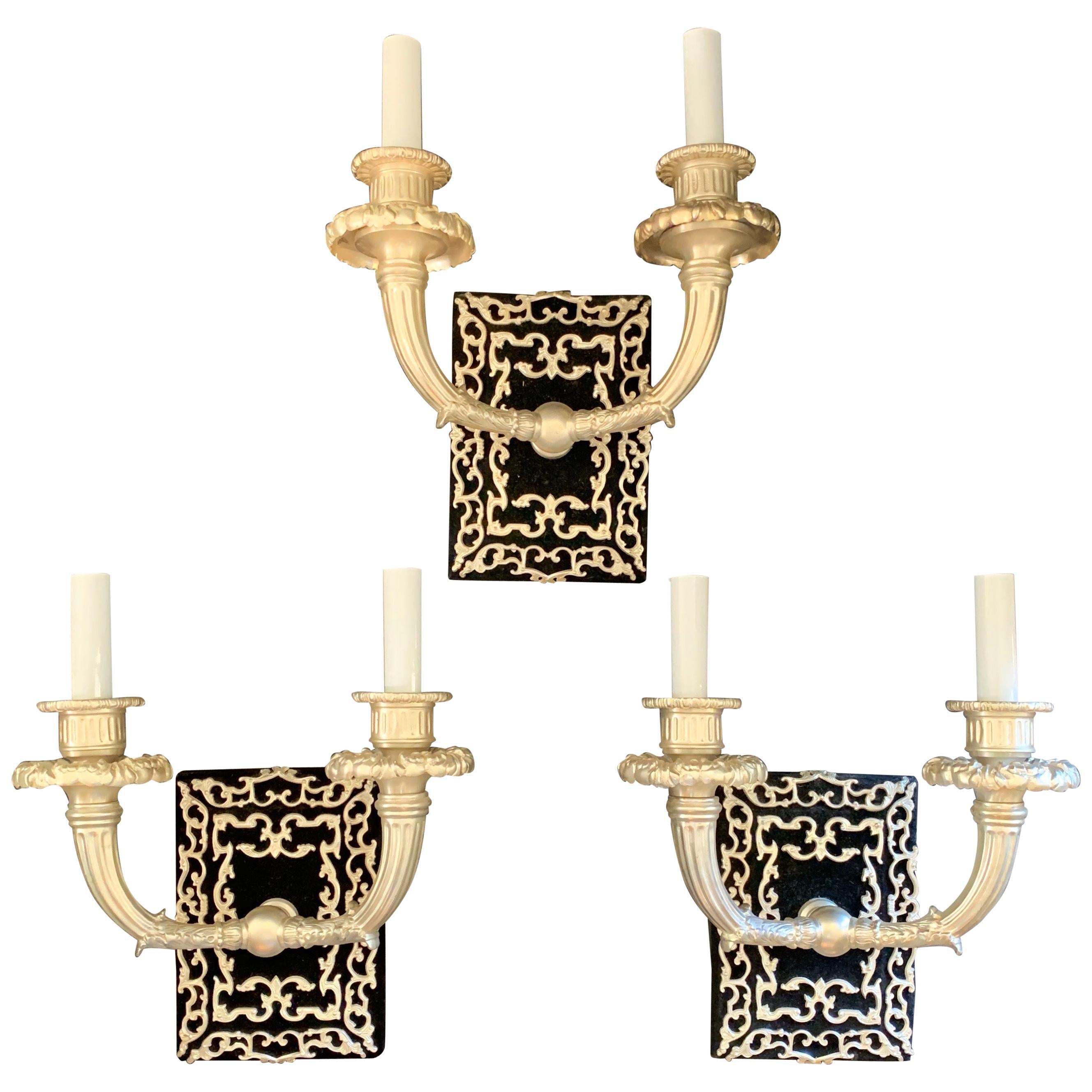 Wonderful French Empire Neoclassical Silvered Bronze Ormolu Caldwell 3 Sconces For Sale