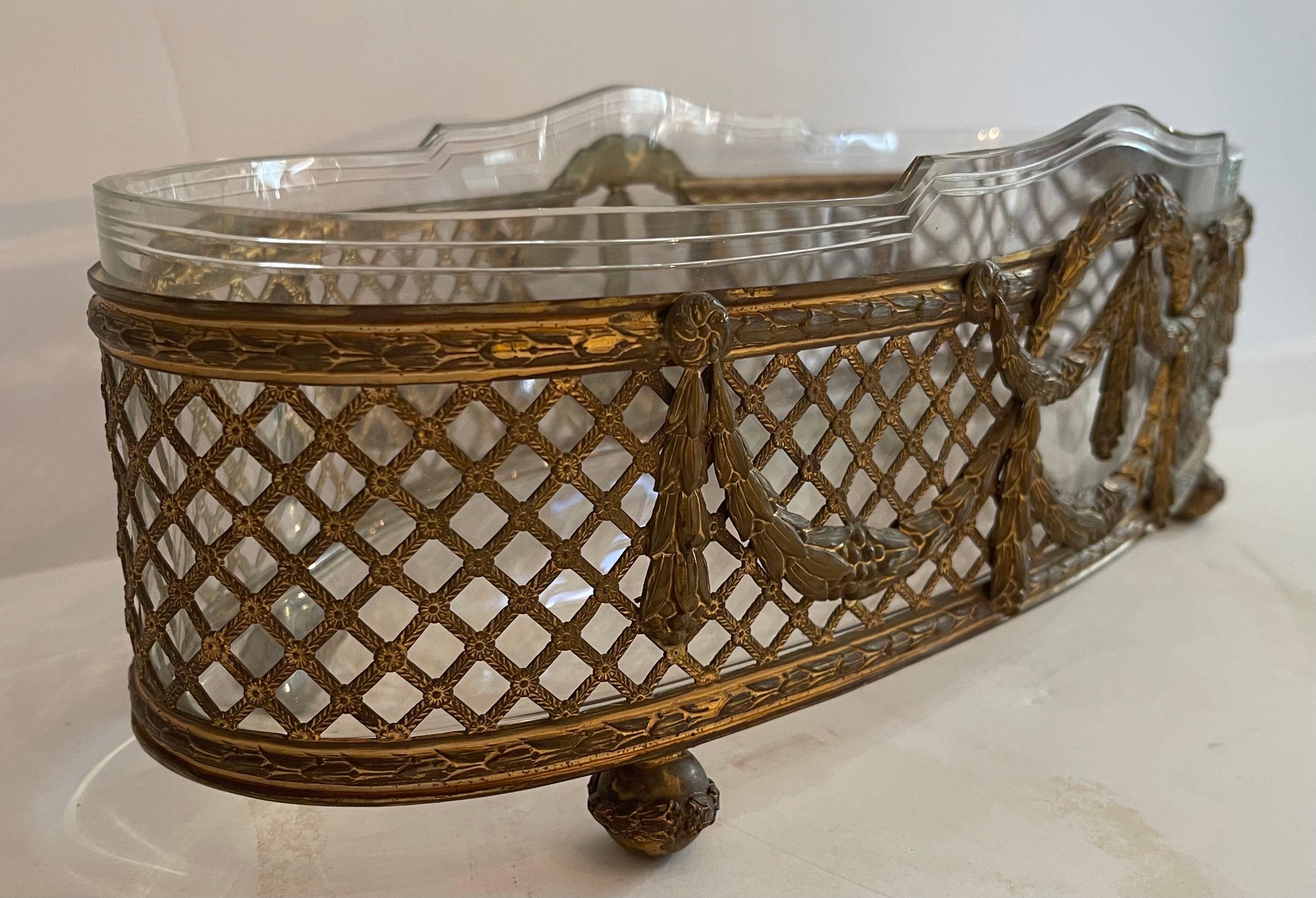 Etched Wonderful French Empire Ormolu Bronze Mounted Oval Crystal Centerpiece Bowl For Sale