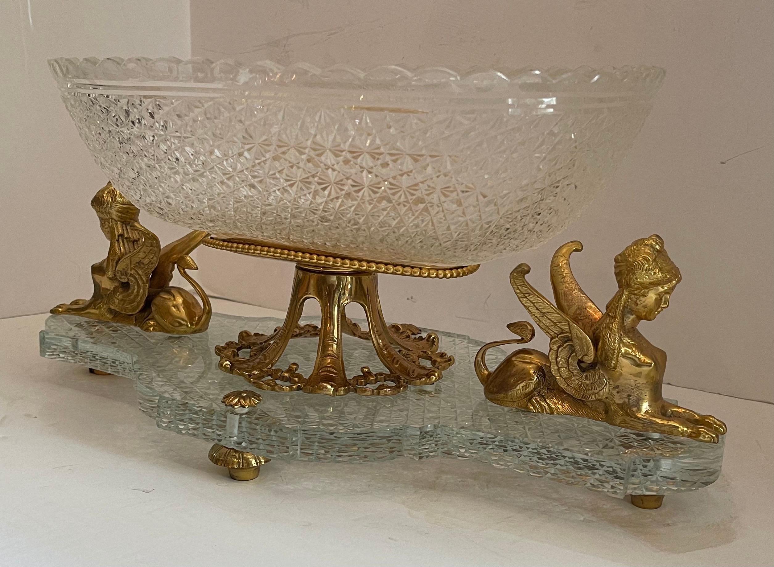 Neoclassical Wonderful French Empire Ormolu Bronze Sphinx Oval Cut Crystal Centerpiece Bowl For Sale