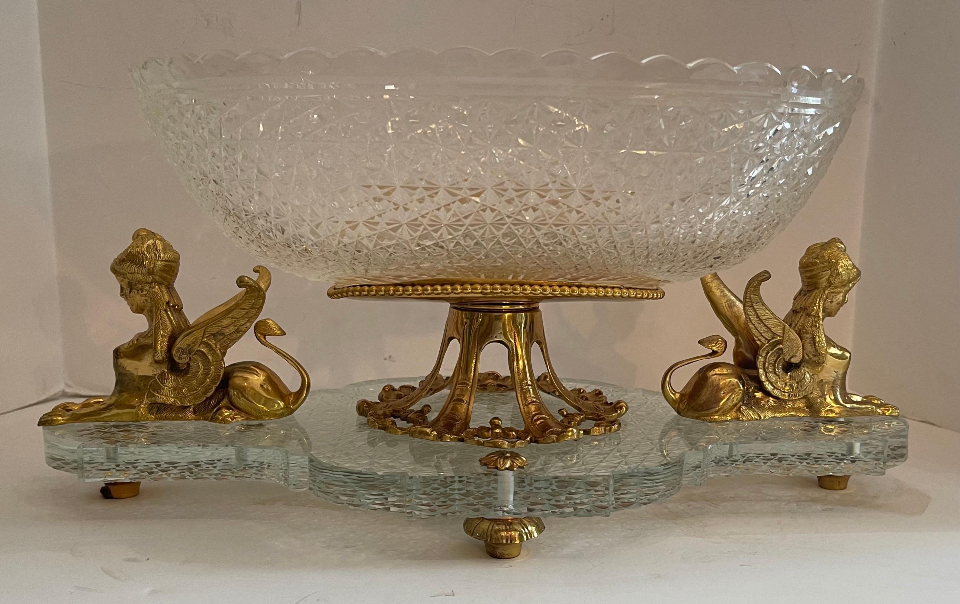 Faceted Wonderful French Empire Ormolu Bronze Sphinx Oval Cut Crystal Centerpiece Bowl For Sale