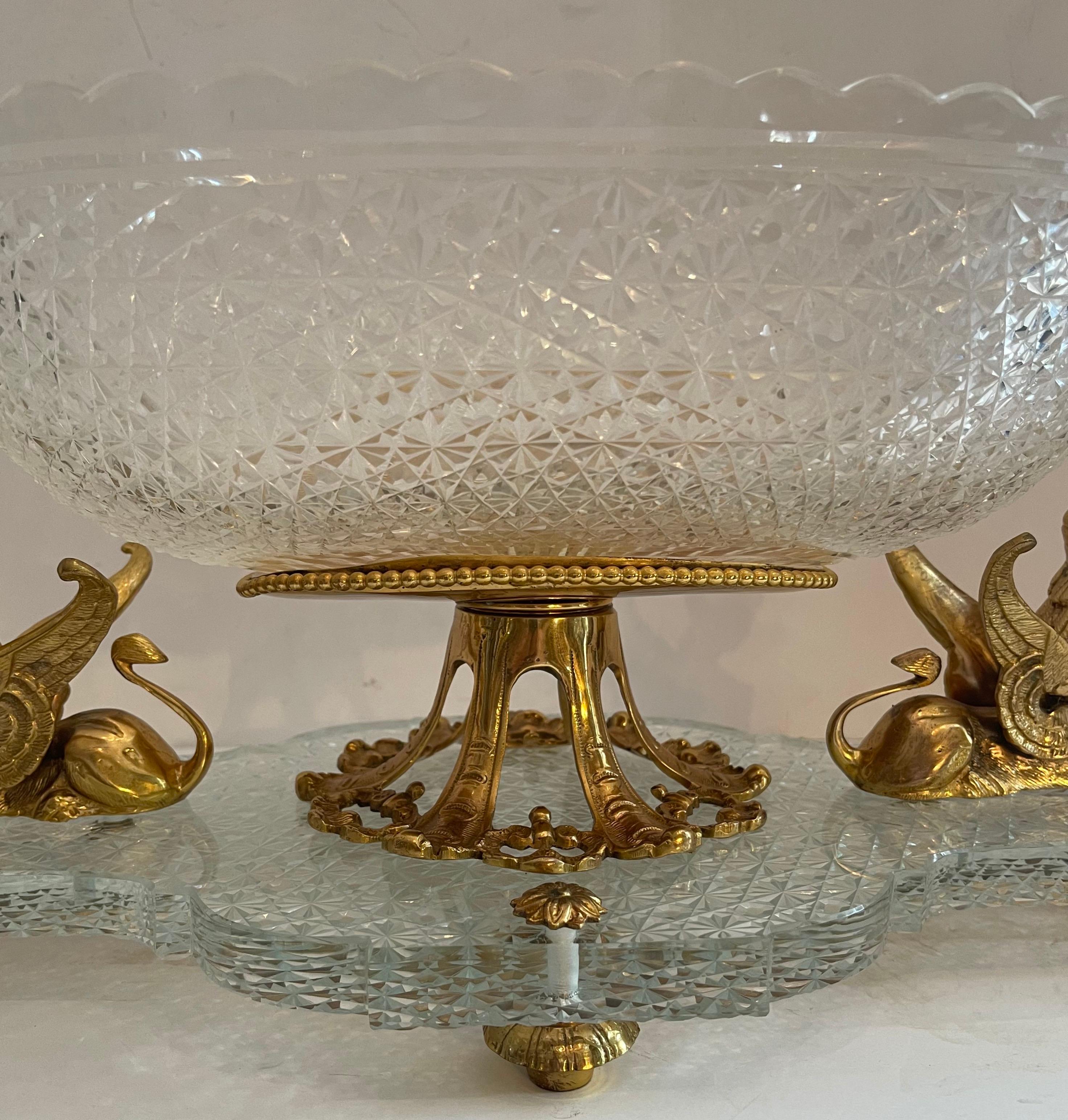 20th Century Wonderful French Empire Ormolu Bronze Sphinx Oval Cut Crystal Centerpiece Bowl For Sale