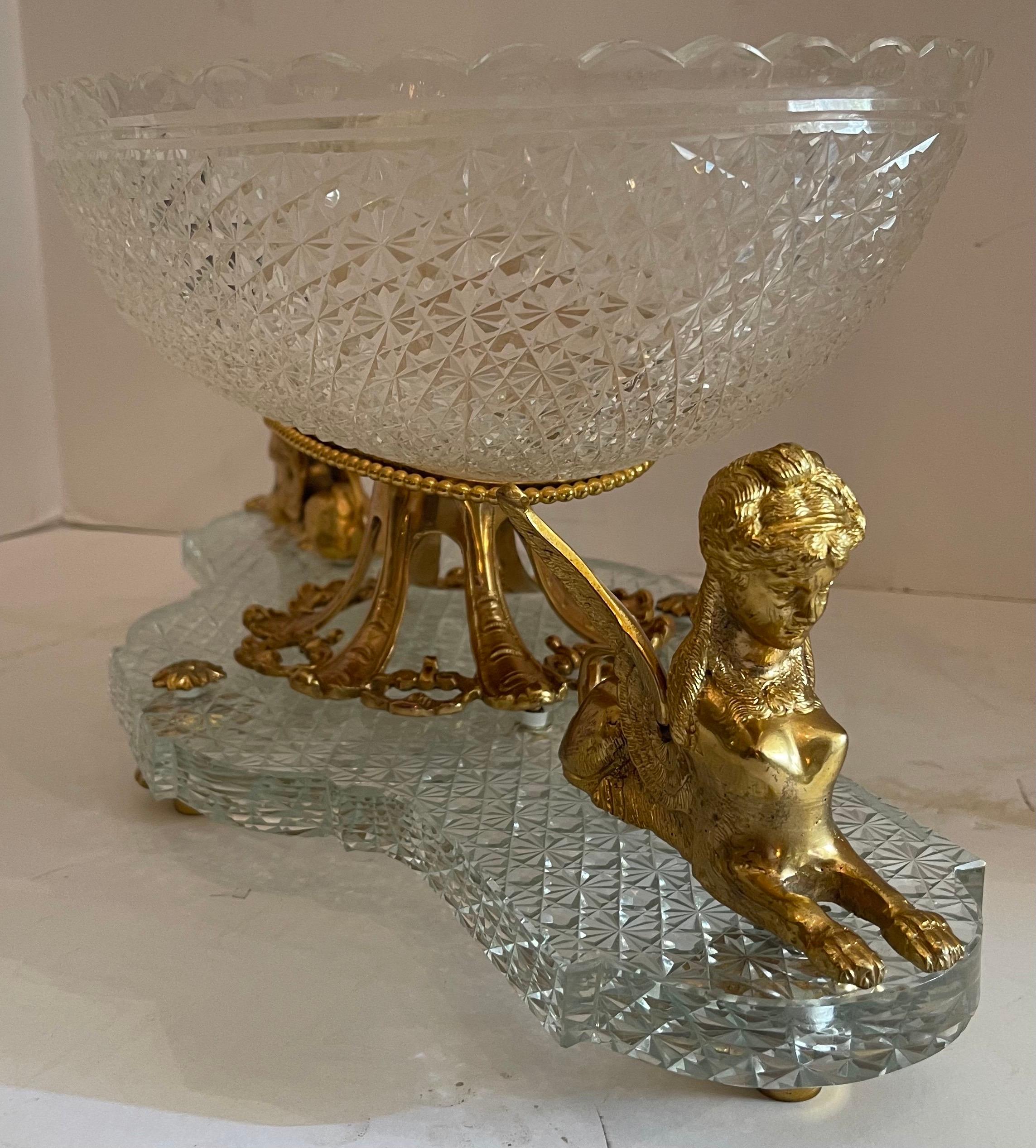 Wonderful French Empire Ormolu Bronze Sphinx Oval Cut Crystal Centerpiece Bowl For Sale 1