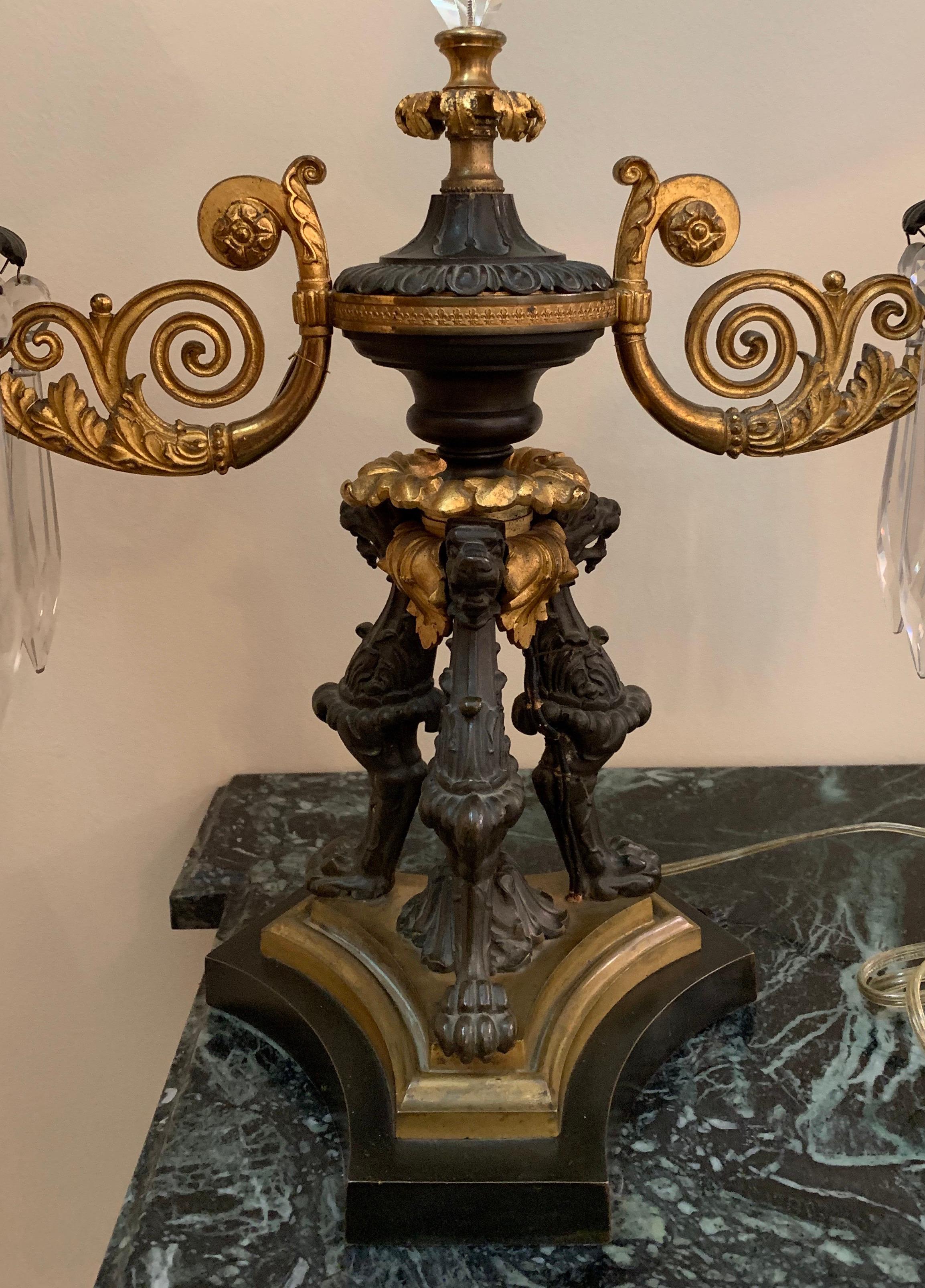 Beveled Wonderful French Empire/Regency Bronze Patinated Crystal Tole Boullite Lamp