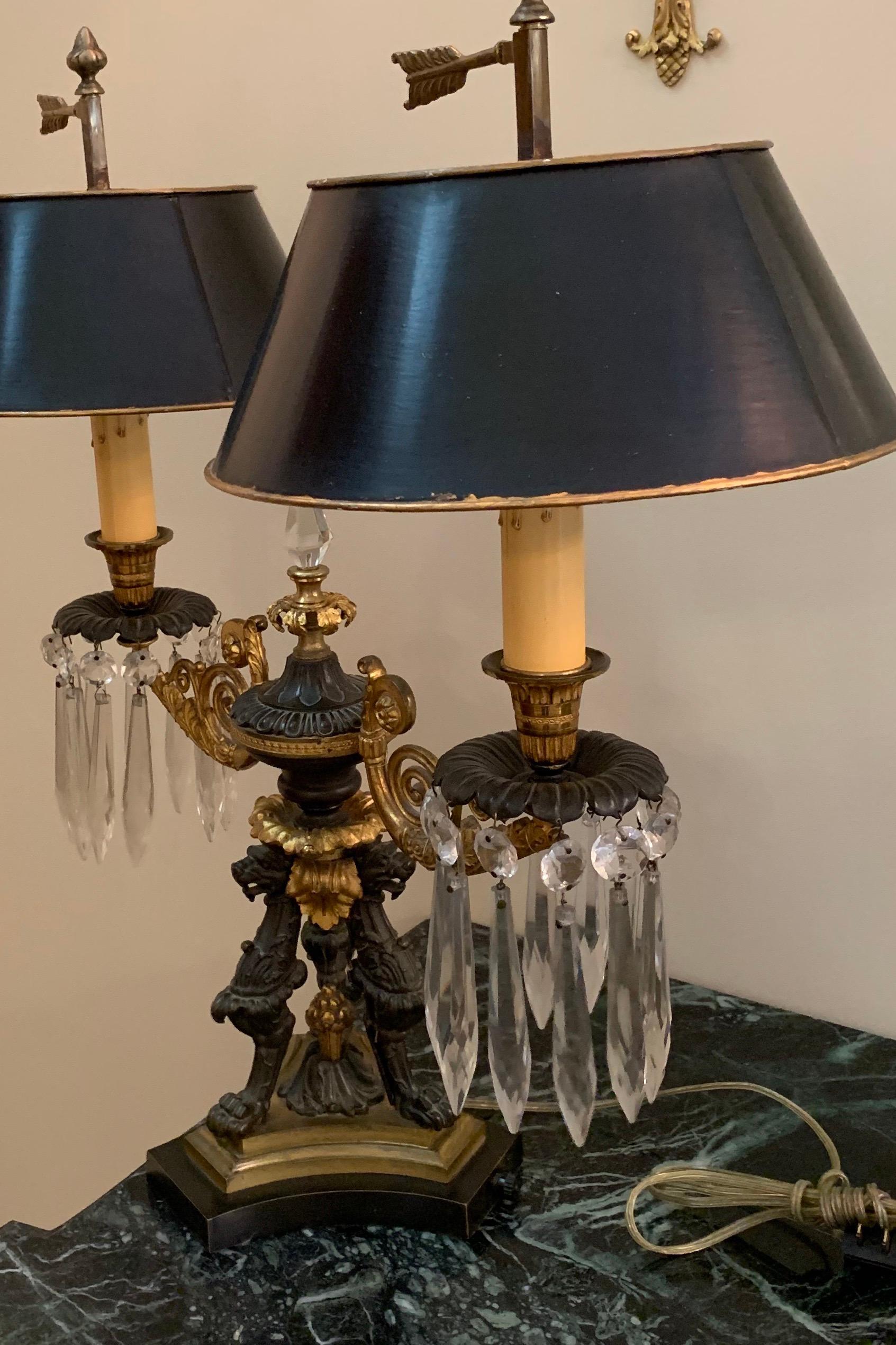 19th Century Wonderful French Empire/Regency Bronze Patinated Crystal Tole Boullite Lamp