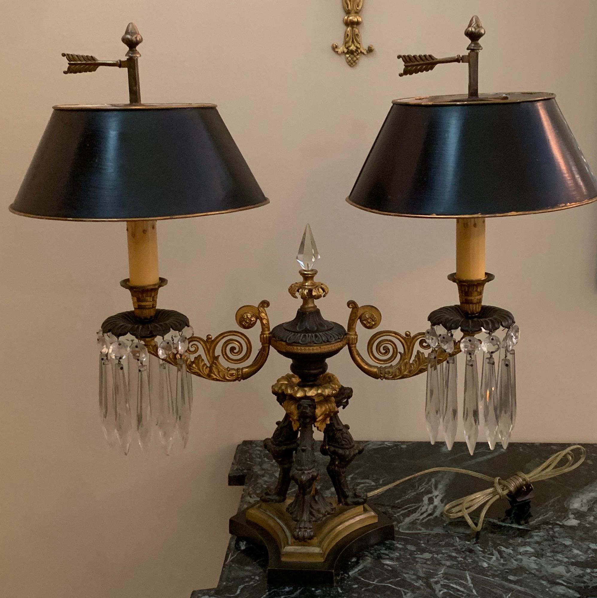 Wonderful French Empire/Regency Bronze Patinated Crystal Tole Boullite Lamp 1
