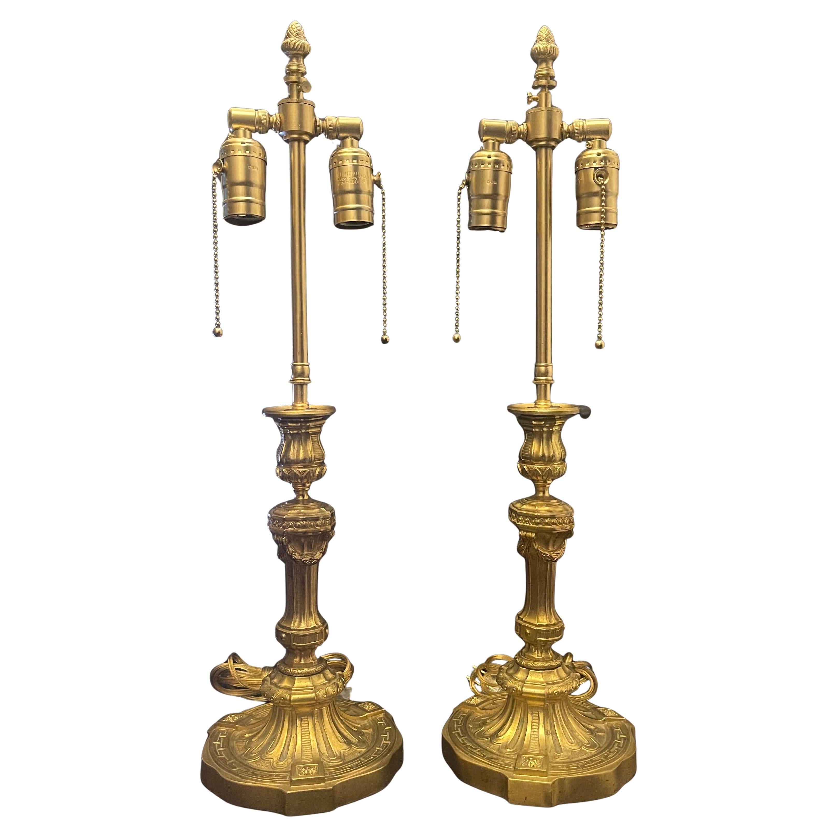 Wonderful French Empire Regency Dore Bronze Neoclassical Candlestick Pair Lamps