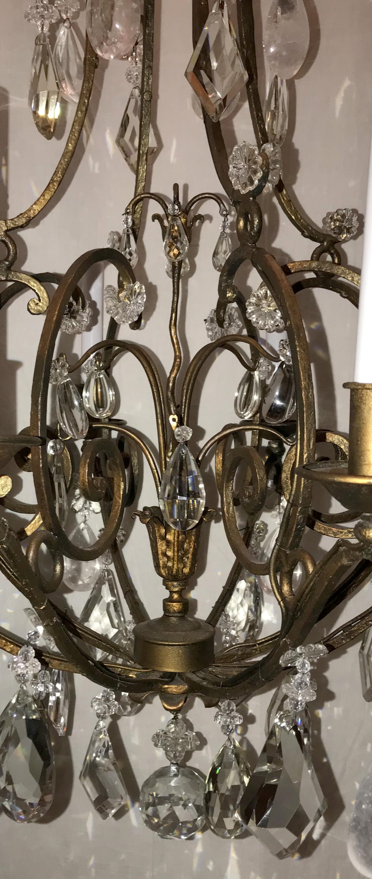 20th Century Wonderful French Gilt Baguès Rock Crystal Bird Cage Flower Bouquet Chandelier For Sale