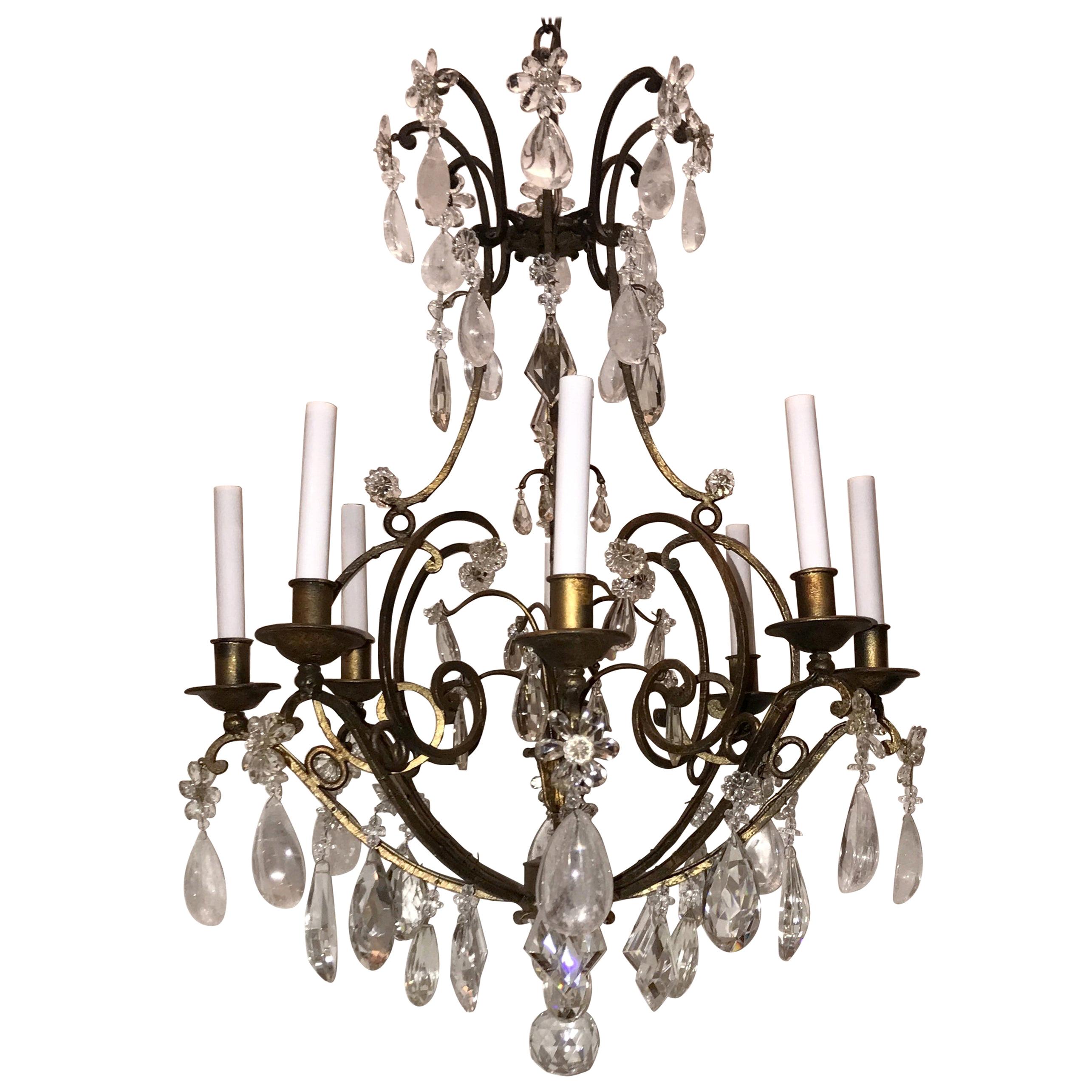 Wonderful French Gilt Baguès Rock Crystal Bird Cage Flower Bouquet Chandelier For Sale