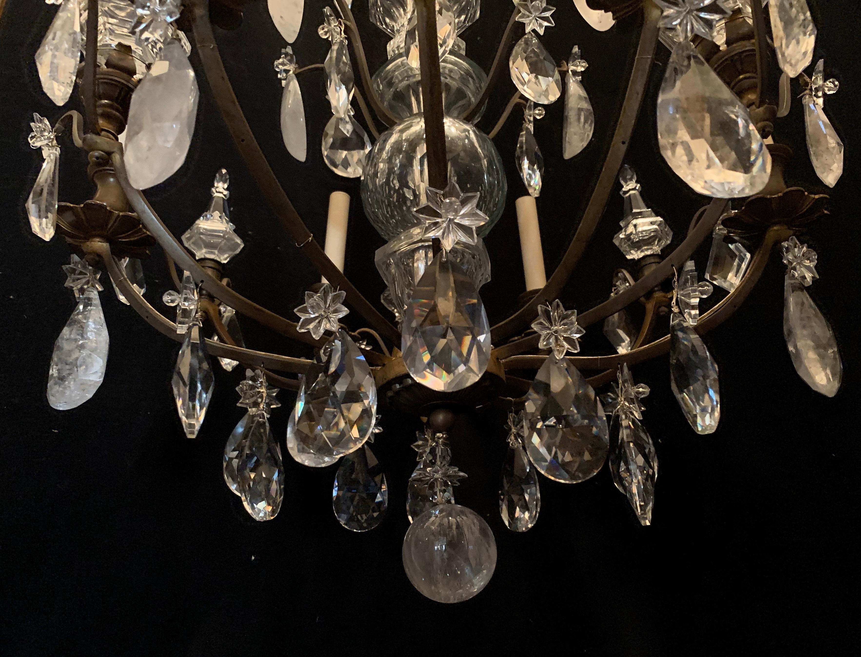 Wonderful French Gilt Bronze Baguès Rock Crystal Star Finial Spear Chandelier In Good Condition For Sale In Roslyn, NY