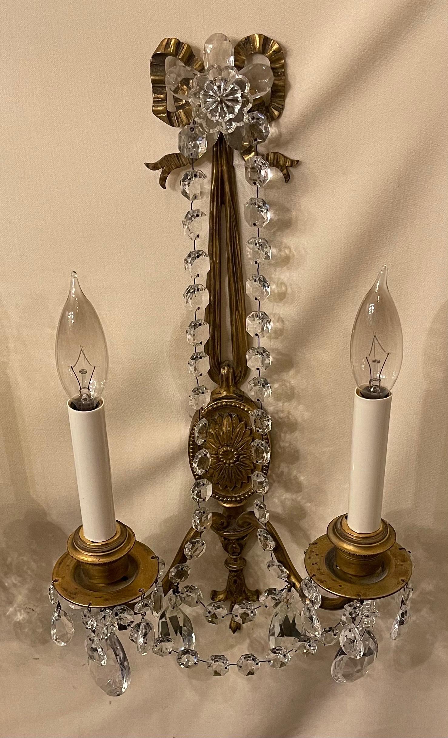 20th Century Wonderful French Gilt Bronze Crystal Strand Bow Top Tassel Caldwell Sconce For Sale