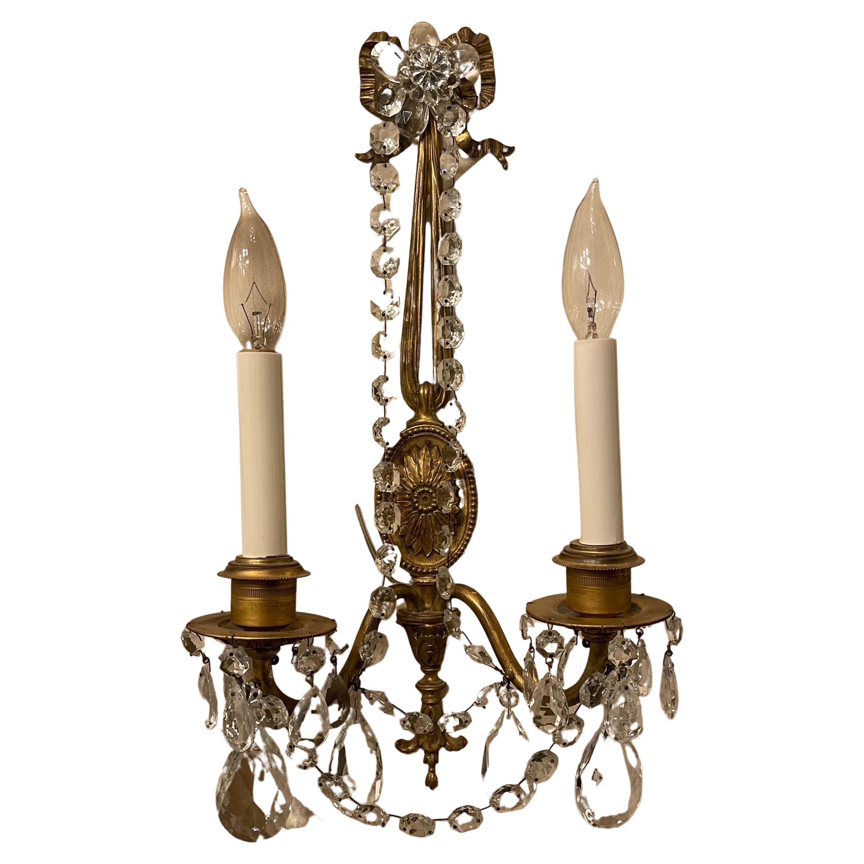 Wonderful French Gilt Bronze Crystal Strand Bow Top Tassel Caldwell Sconce For Sale