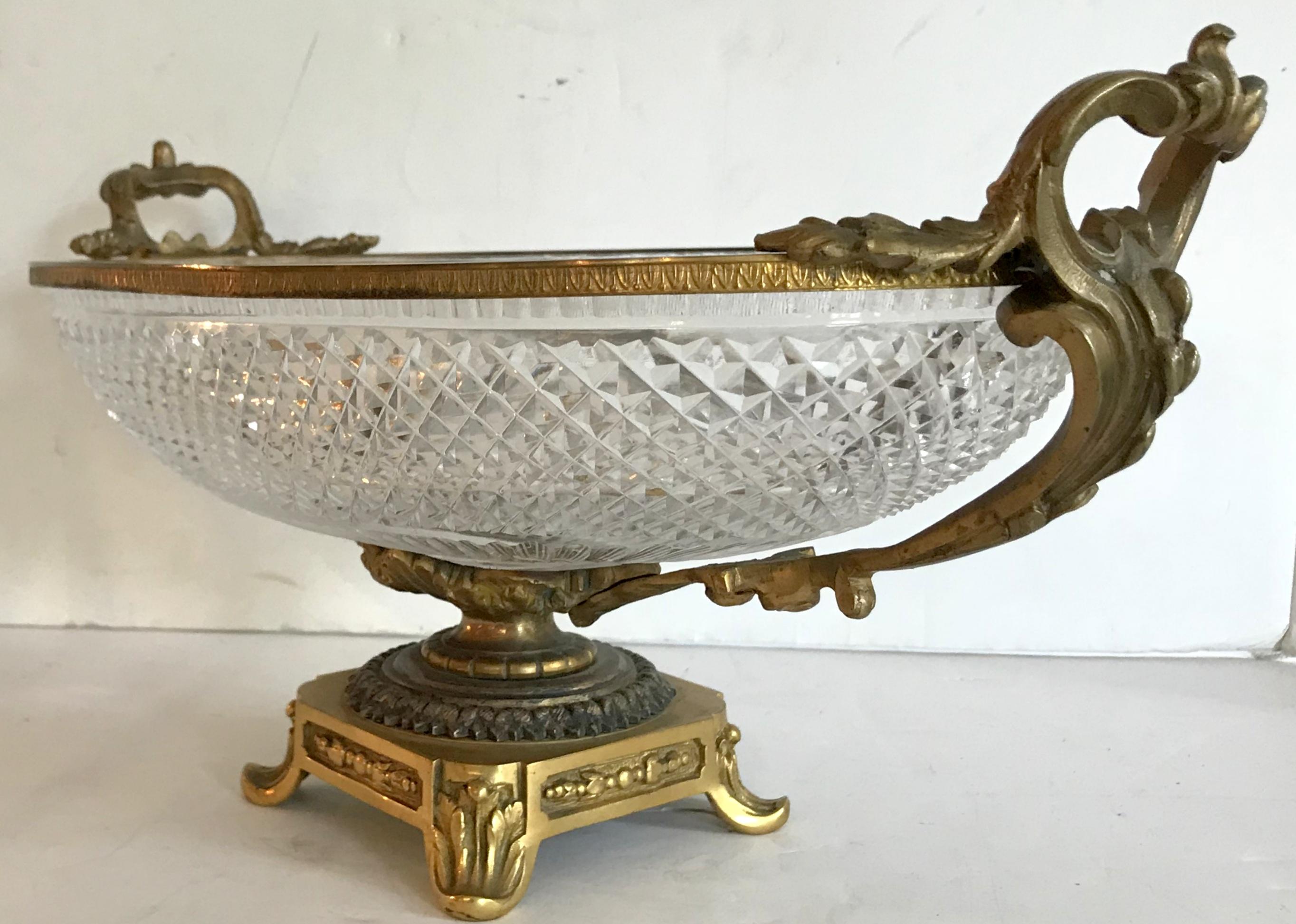 Belle Époque Wonderful French Gilt Bronze Cut Crystal Ormolu Centerpiece Pedestal Oval Bowl