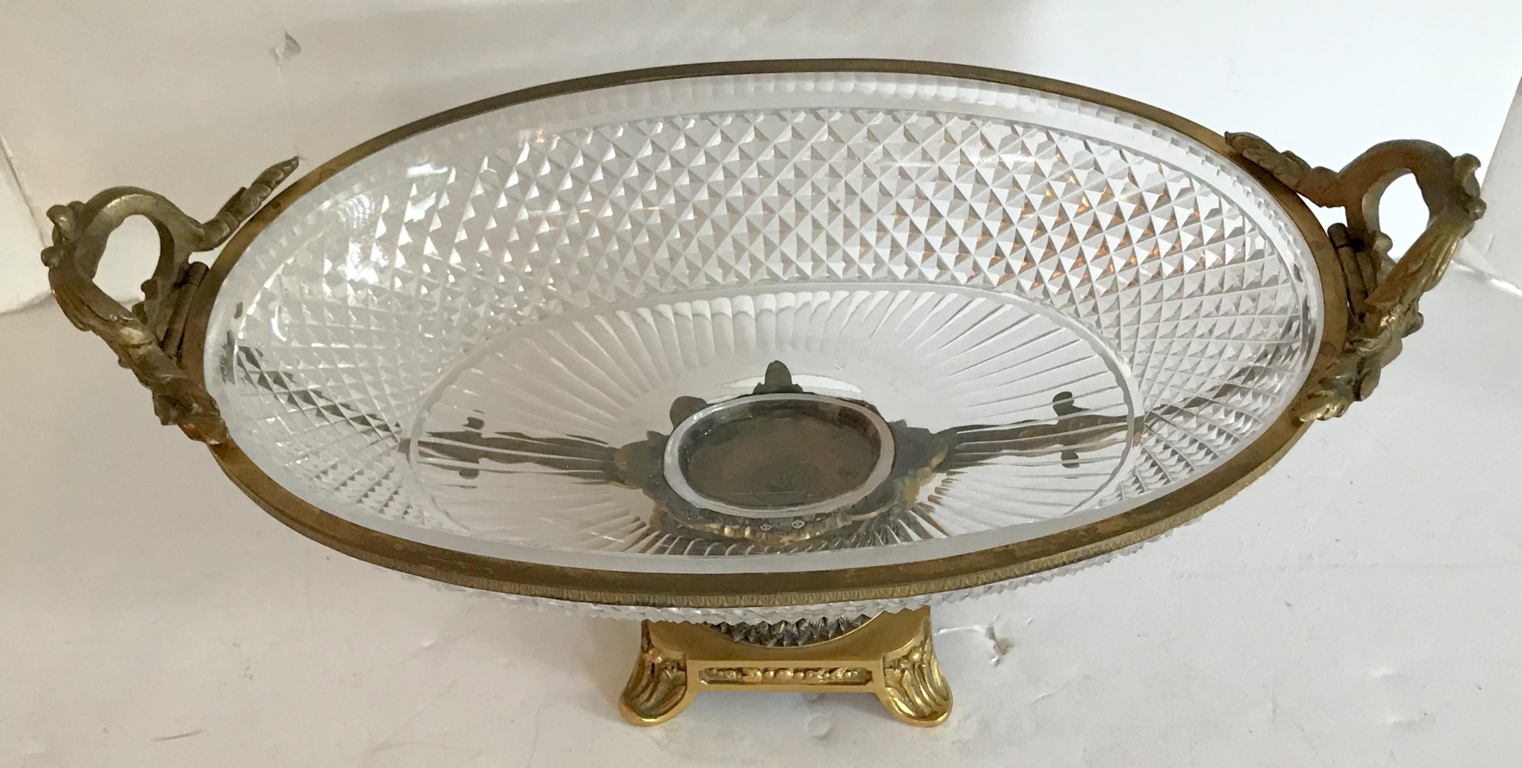 Faceted Wonderful French Gilt Bronze Cut Crystal Ormolu Centerpiece Pedestal Oval Bowl