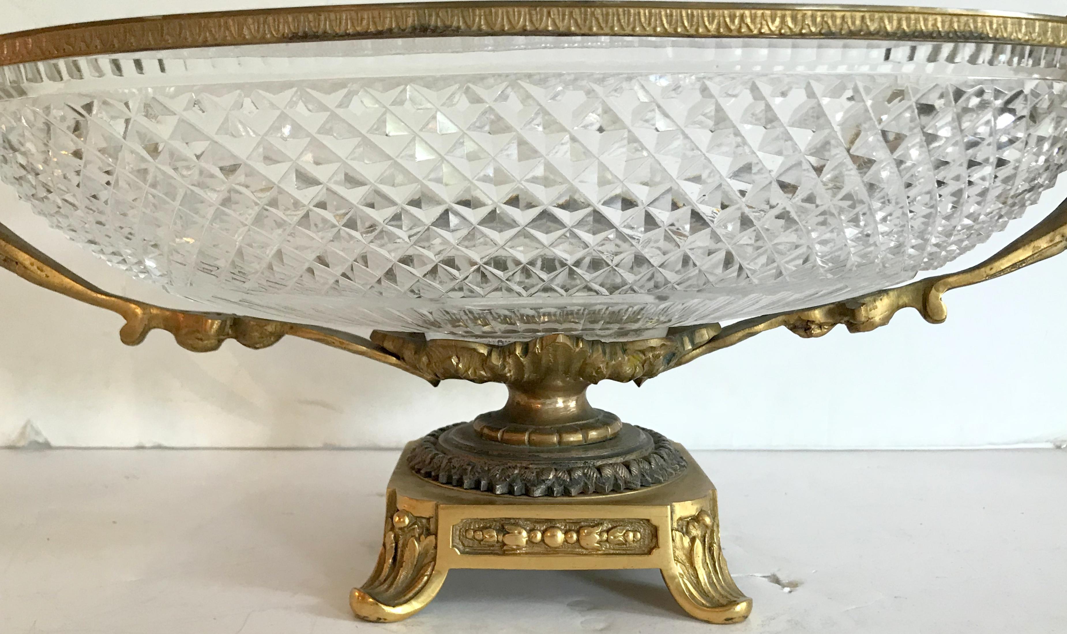 Wonderful French Gilt Bronze Cut Crystal Ormolu Centerpiece Pedestal Oval Bowl In Good Condition In Roslyn, NY