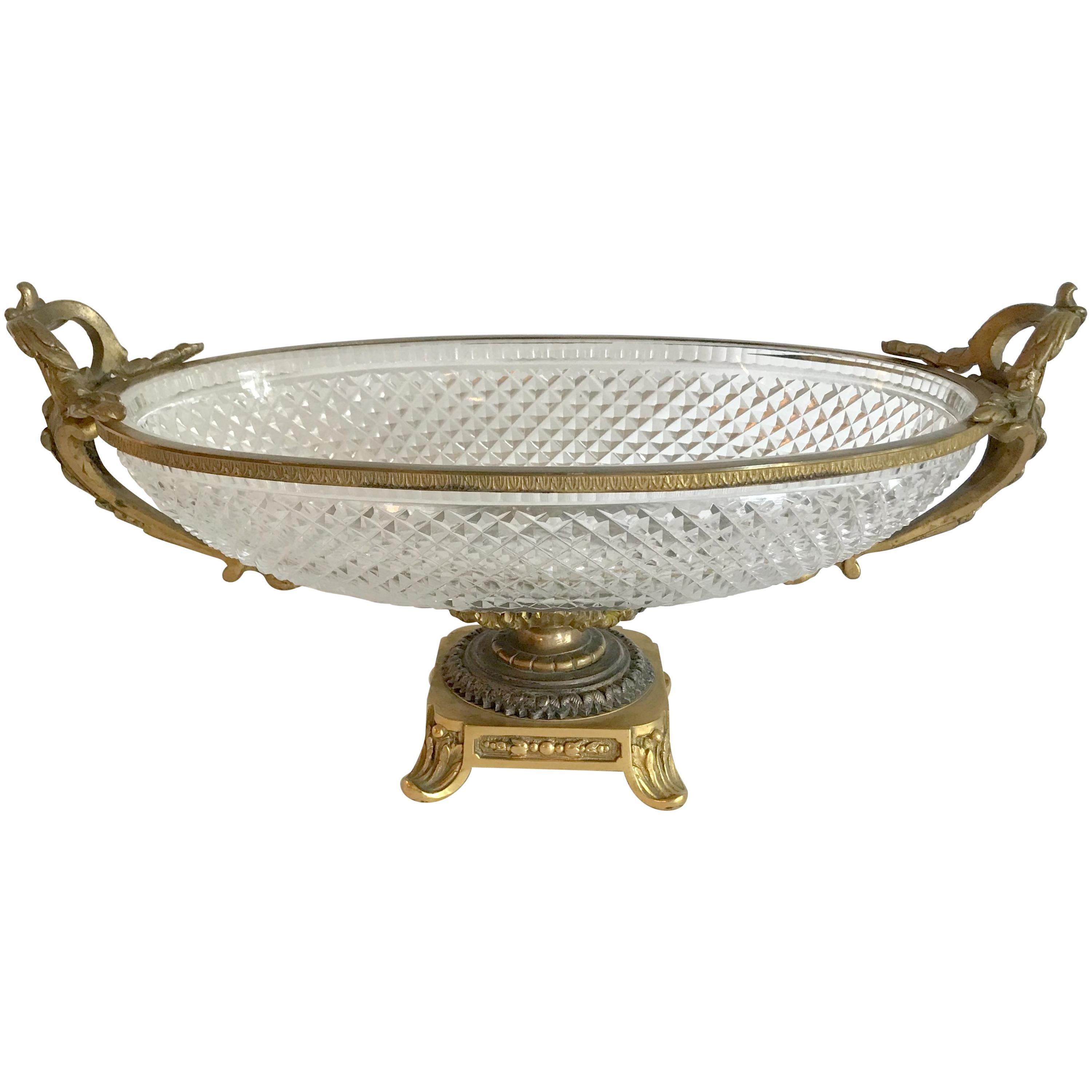 Wonderful French Gilt Bronze Cut Crystal Ormolu Centerpiece Pedestal Oval Bowl