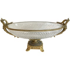 Wonderful French Gilt Bronze Cut Crystal Ormolu Centerpiece Pedestal Oval Bowl