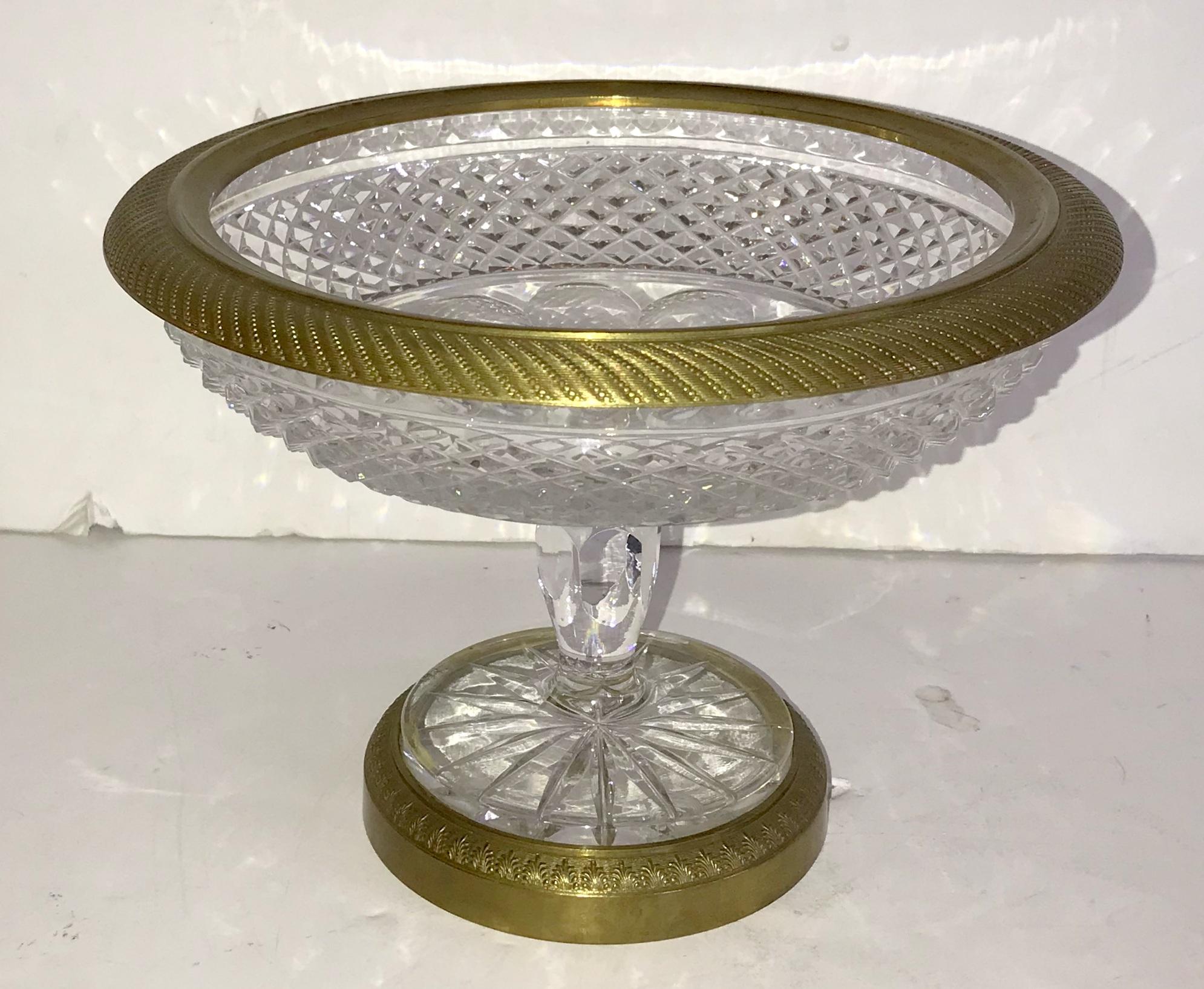 A wonderful French gilt bronze and cut crystal ormolu mounted pedestal bowl in the manner of Baccarat.