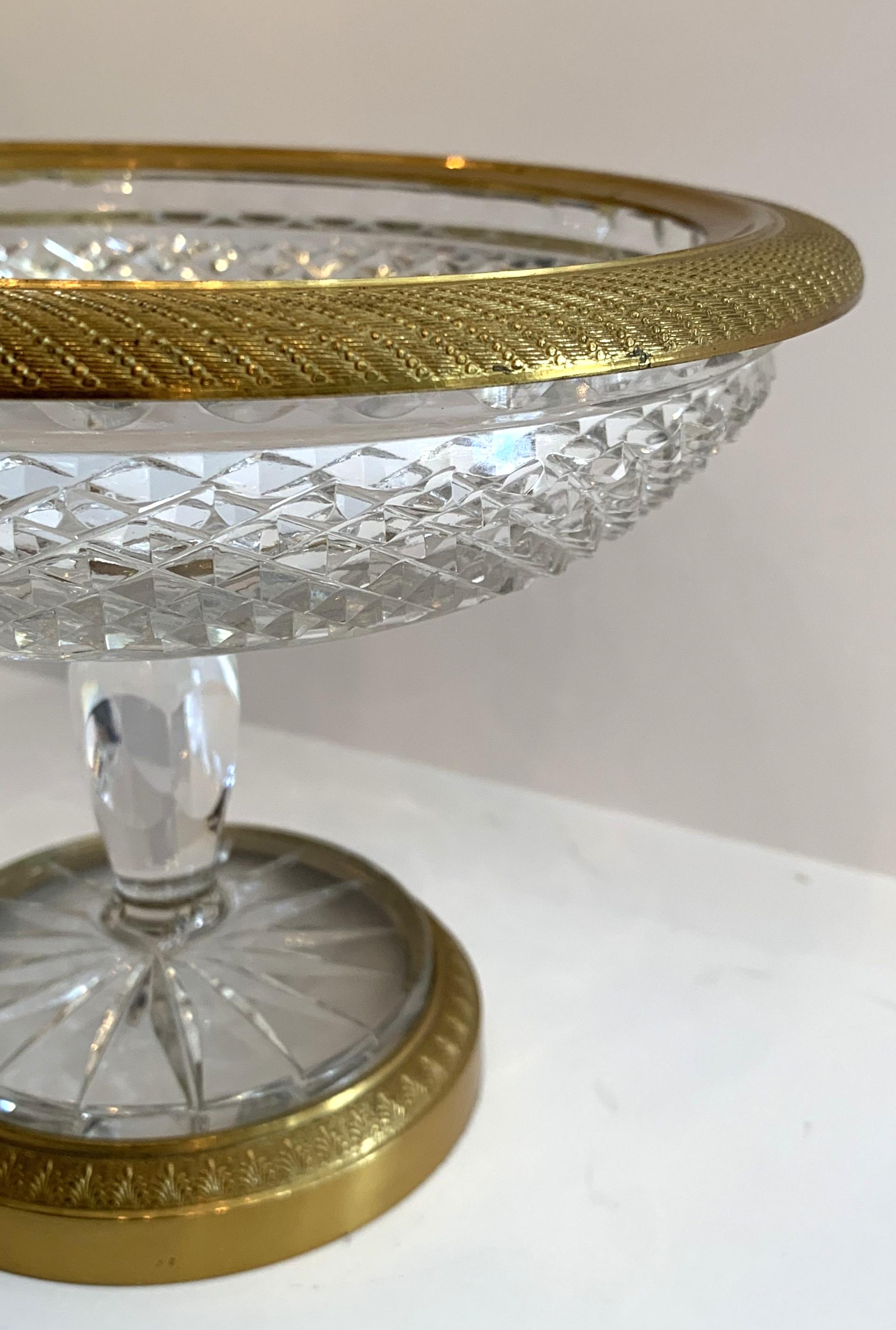 Faceted Wonderful French Gilt Bronze Cut Crystal Ormolu Pedestal Bowl Baccarat Compote For Sale