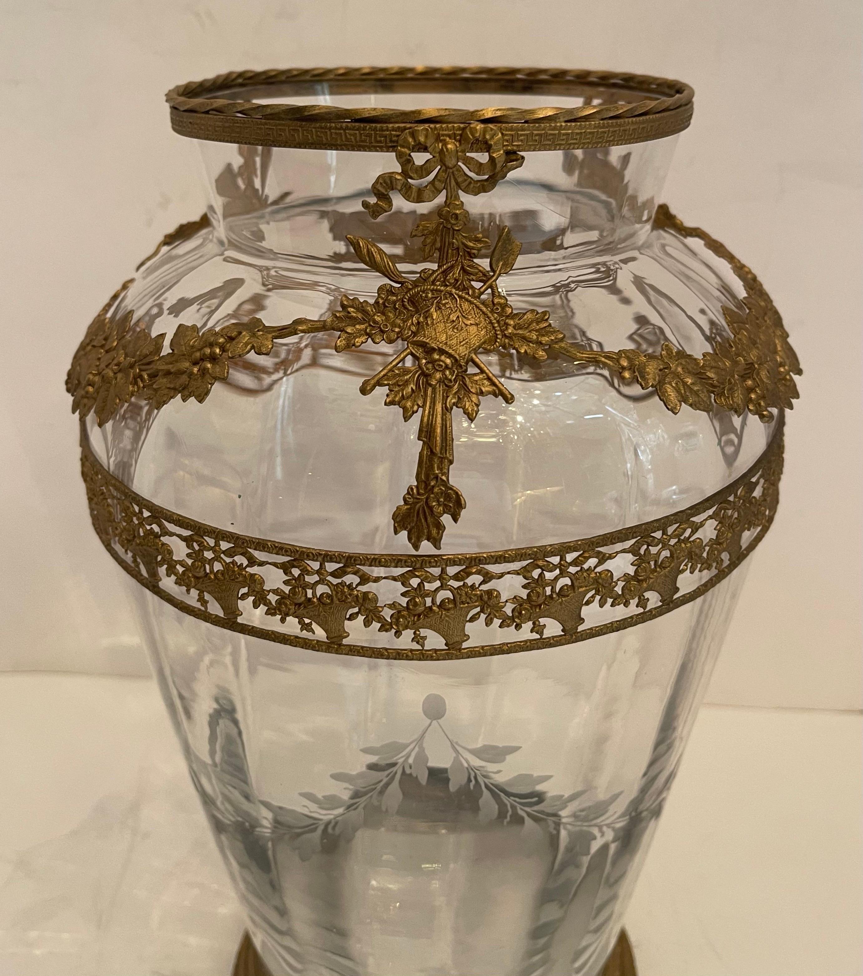 A wonderful French gilt bronze ormolu mounted crystal glass large vase centerpiece.