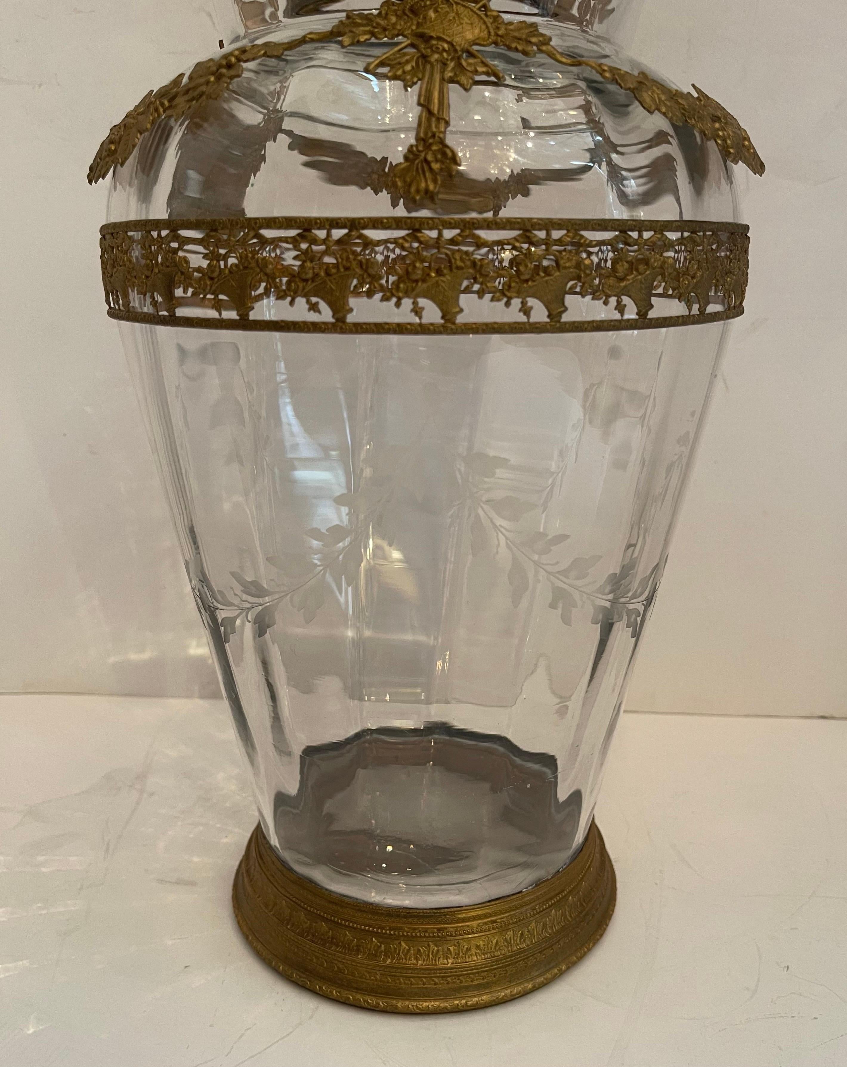 Belle Époque Wonderful French Gilt Bronze Ormolu Mounted Crystal Glass Large Vase Centerpiece For Sale