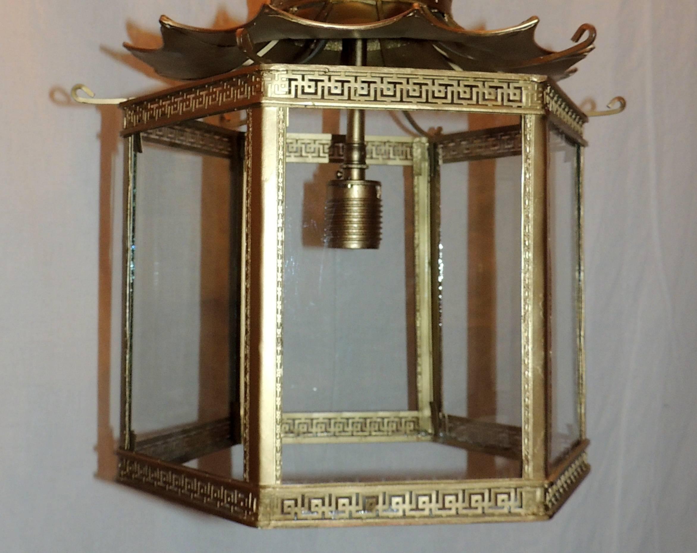Mid-20th Century Wonderful French Gilt Bronze Pagoda Chinoiserie Octagonal Glass Lantern Fixture
