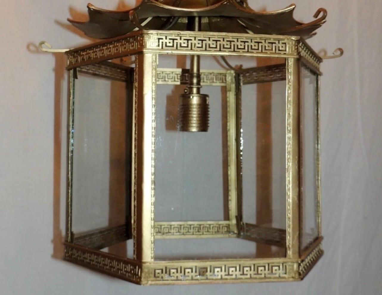 Wonderful French Gilt Bronze Pagoda Chinoiserie Octagonal Glass Lantern Fixture In Good Condition In Roslyn, NY
