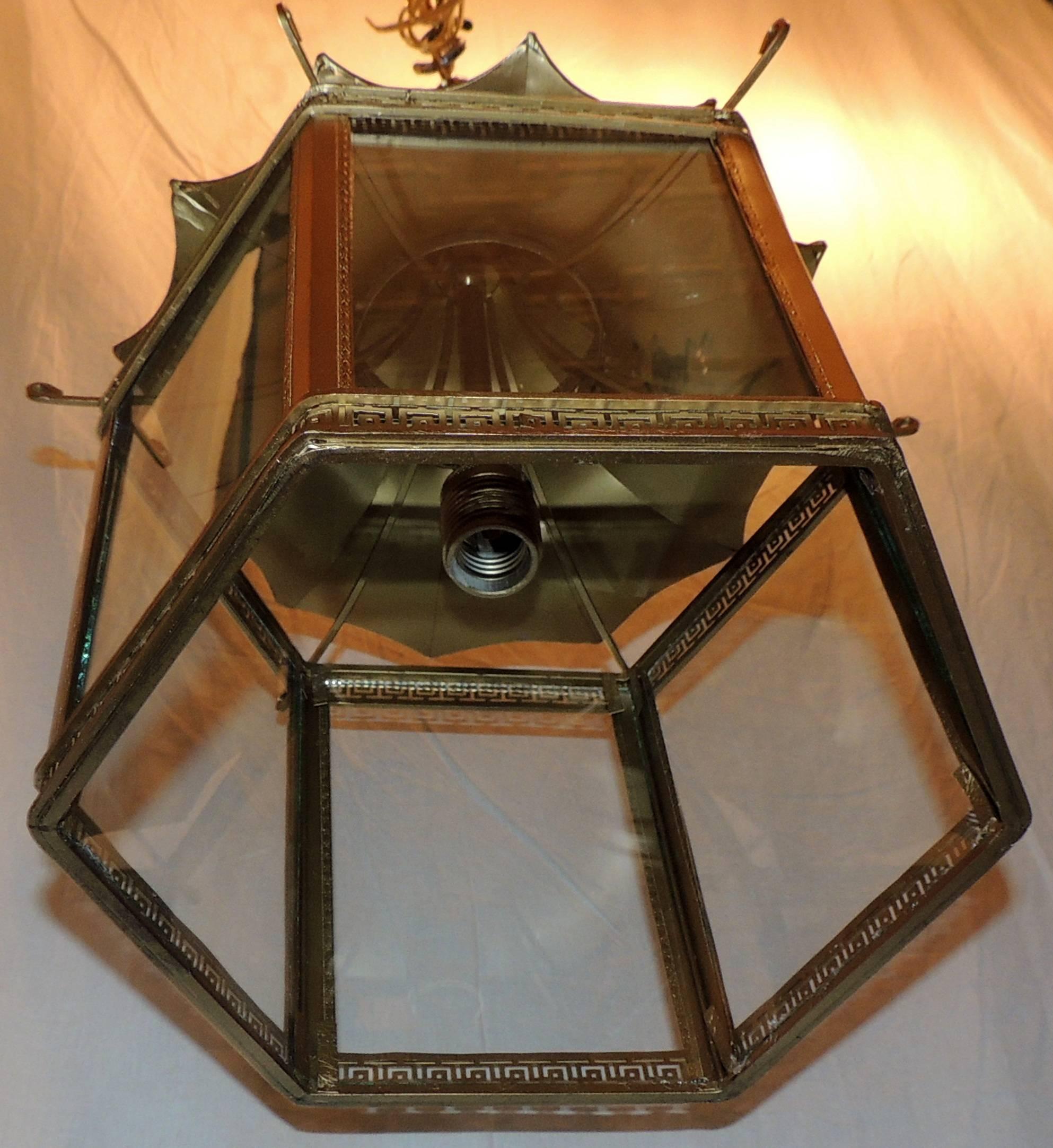 Wonderful French Gilt Bronze Pagoda Chinoiserie Octagonal Glass Lantern Fixture 1