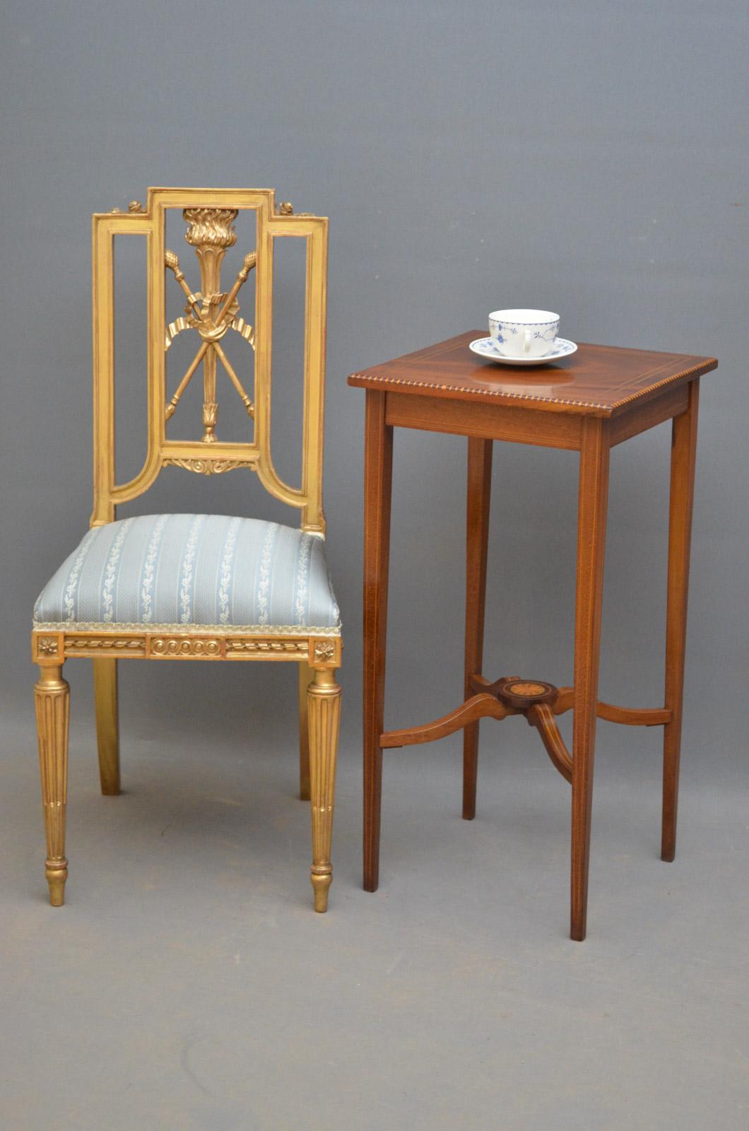 Sn3176 French gilt occasional / bedroom chair, having shaped and carved top rail, fully upholstered seat and carved front and side rails, all standing on elegant, fluted and tapering legs. This chair retains original gilding, circa 1890
Measures: H