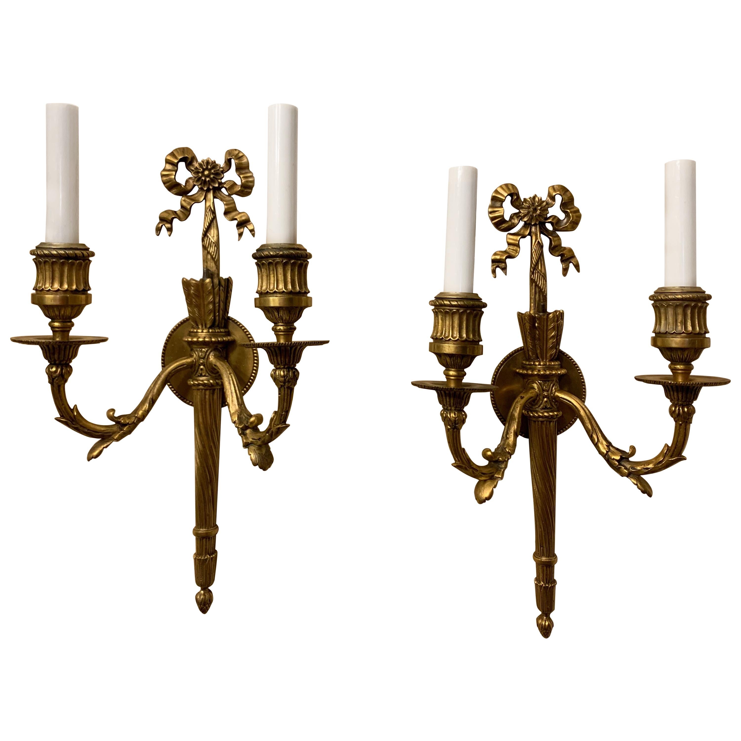Wonderful French Gilt Doré Bronze Bow Torchiere Caldwell Two-Light Sconces, Pair