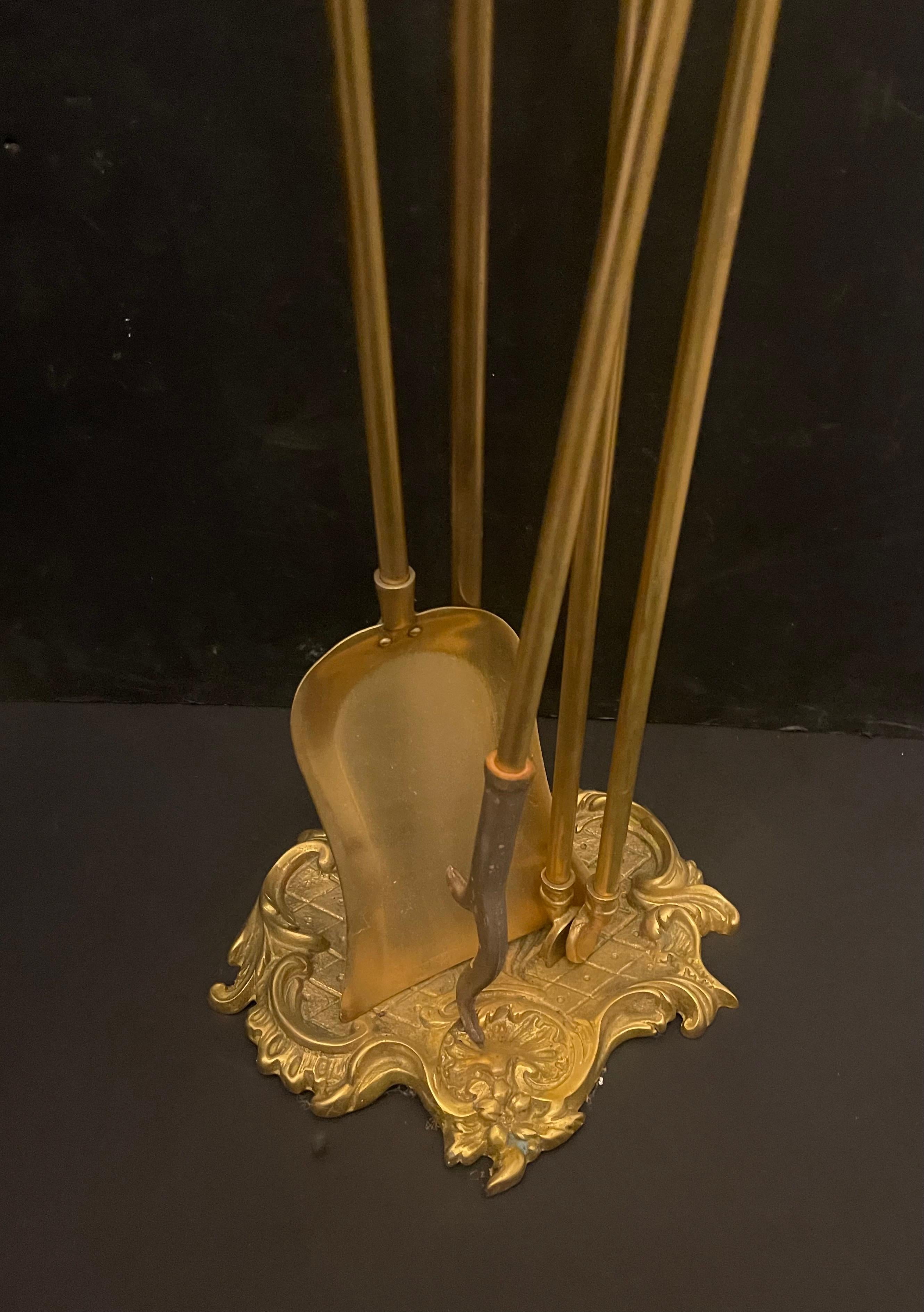 20th Century Wonderful French Gilt Dore Bronze Fireplace Tools Set On Stand Holder For Sale