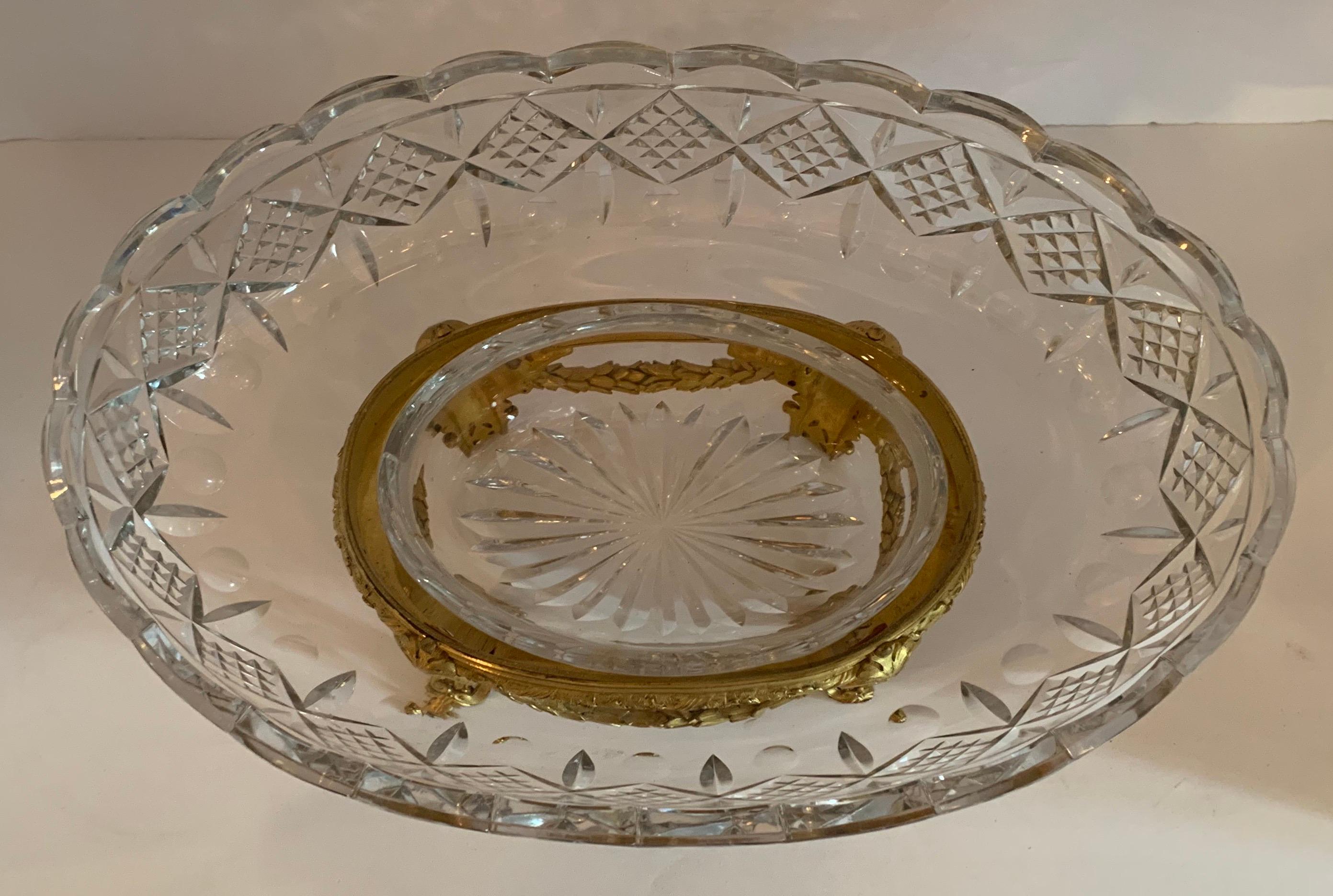 Belle Époque Wonderful French Gilt Doré Bronze Ormolu Swag Cut Crystal Oval Bowl Centerpiece 