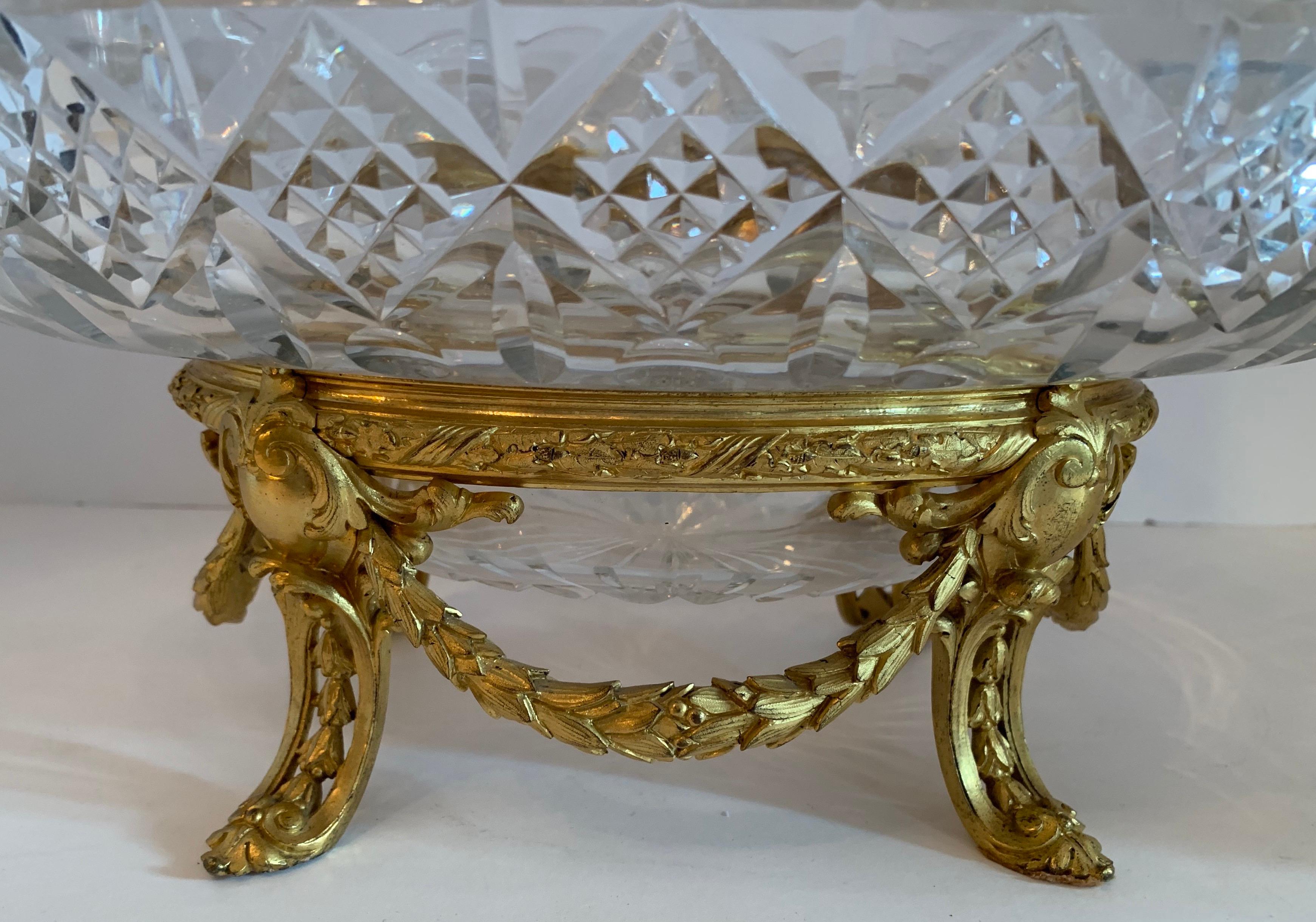 Wonderful French Gilt Doré Bronze Ormolu Swag Cut Crystal Oval Bowl Centerpiece  In Good Condition In Roslyn, NY