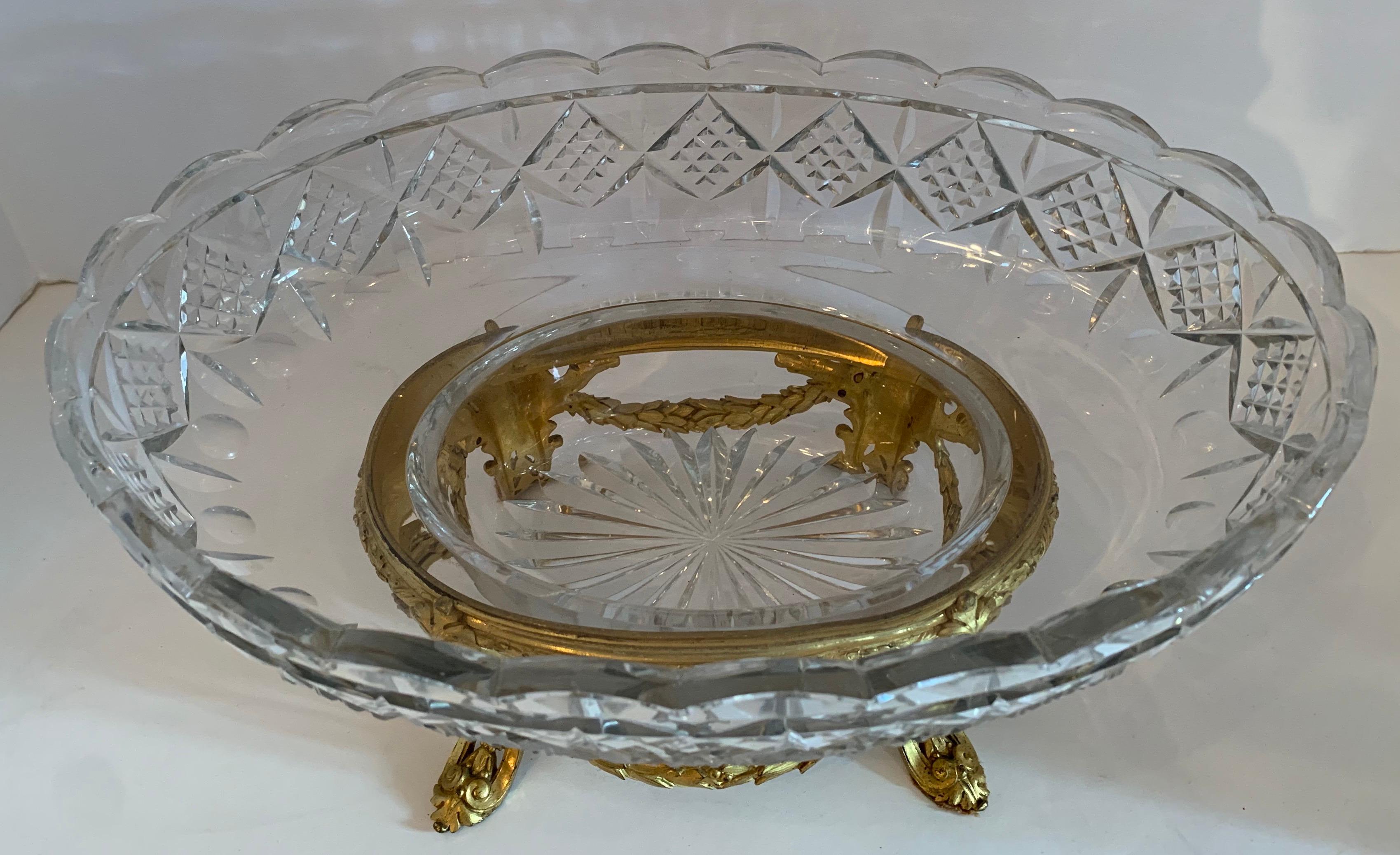 20th Century Wonderful French Gilt Doré Bronze Ormolu Swag Cut Crystal Oval Bowl Centerpiece 