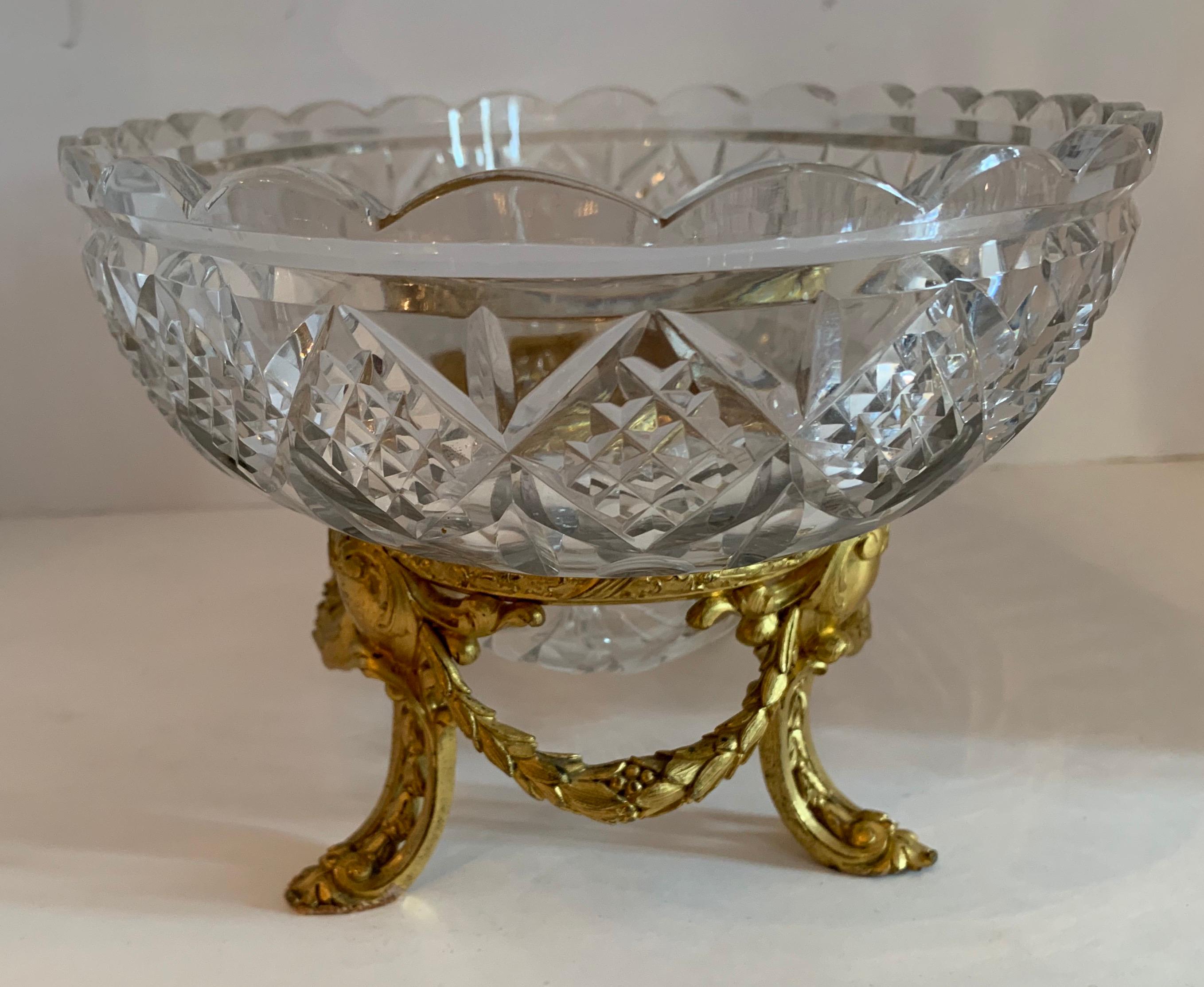 Wonderful French Gilt Doré Bronze Ormolu Swag Cut Crystal Oval Bowl Centerpiece  2