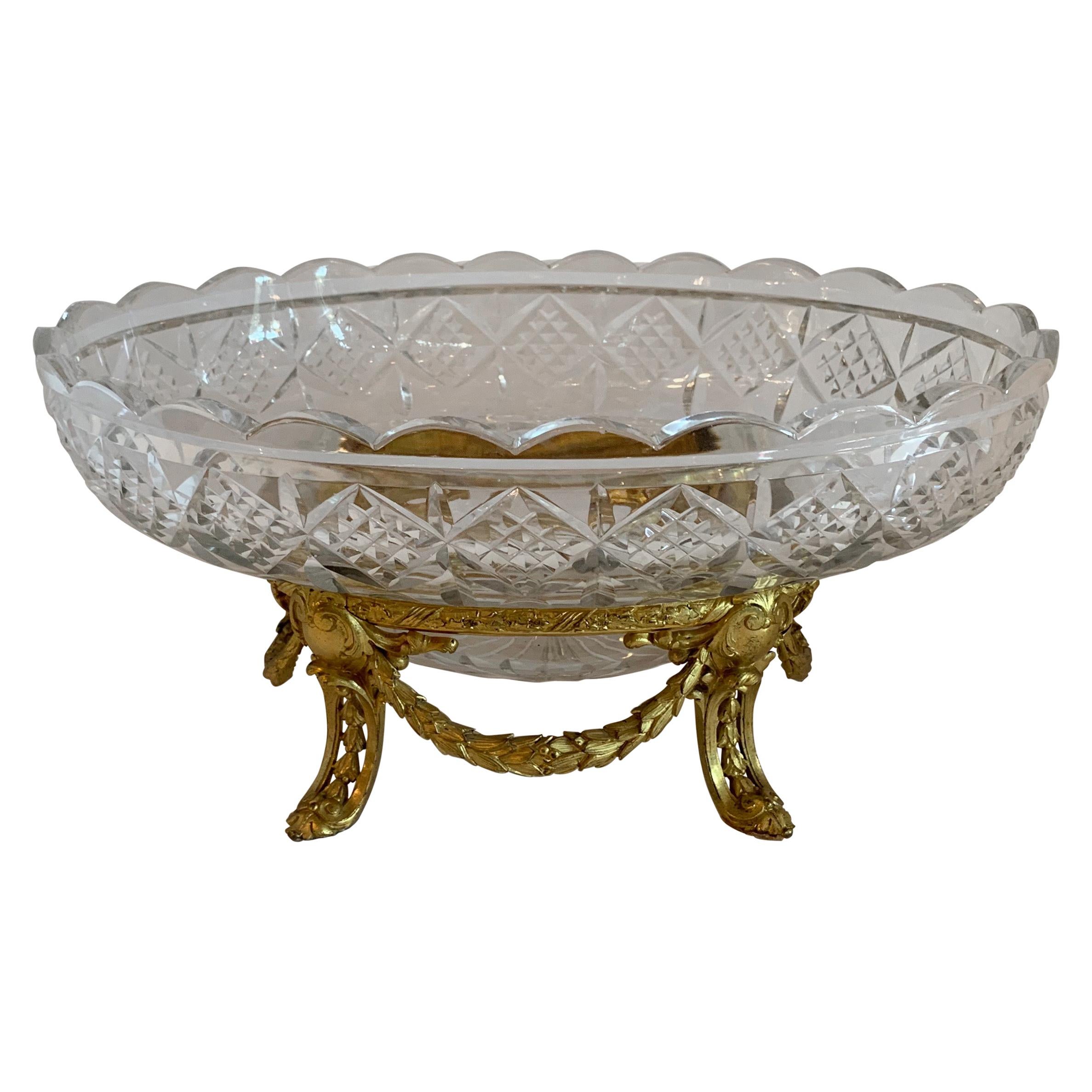 Wonderful French Gilt Doré Bronze Ormolu Swag Cut Crystal Oval Bowl Centerpiece 