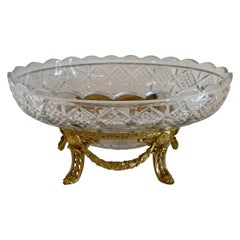 Wonderful French Gilt Doré Bronze Ormolu Swag Cut Crystal Oval Bowl Centerpiece