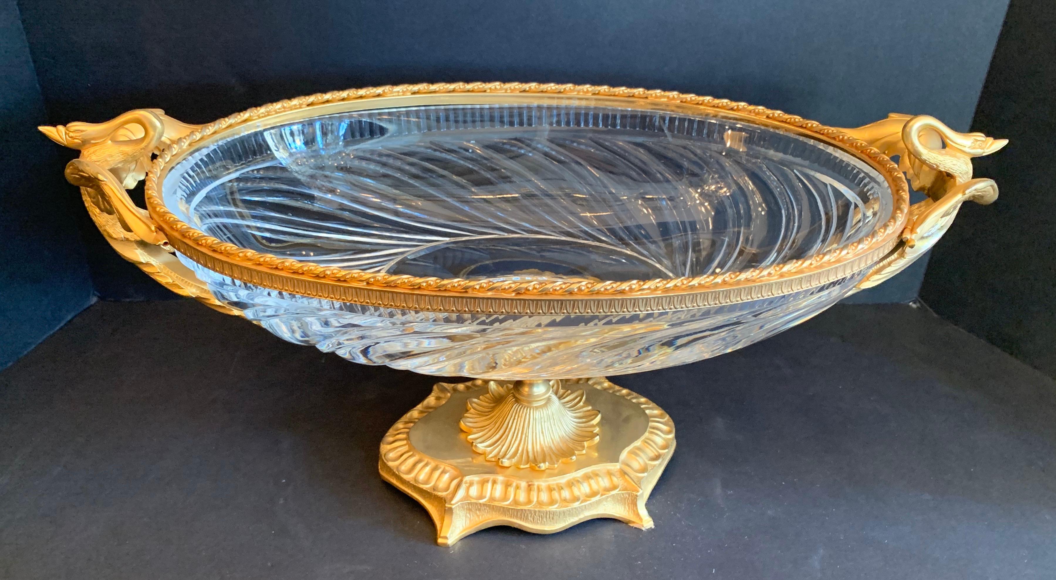 Belle Époque Wonderful French Gilt Dore Bronze Swan Handle Ormolu Cut Crystal Centrepiece