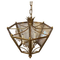 Wonderful French Gilt Iron Louis XVI Hexagon Glass Lantern Pendent Chandelier